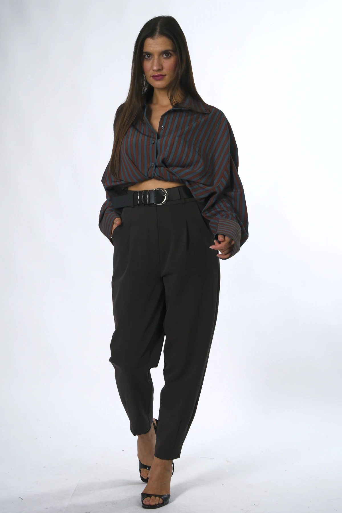 Abbra Kadın Slouchy Kemerli Kumaş Pantolon - KOYU KAHVE