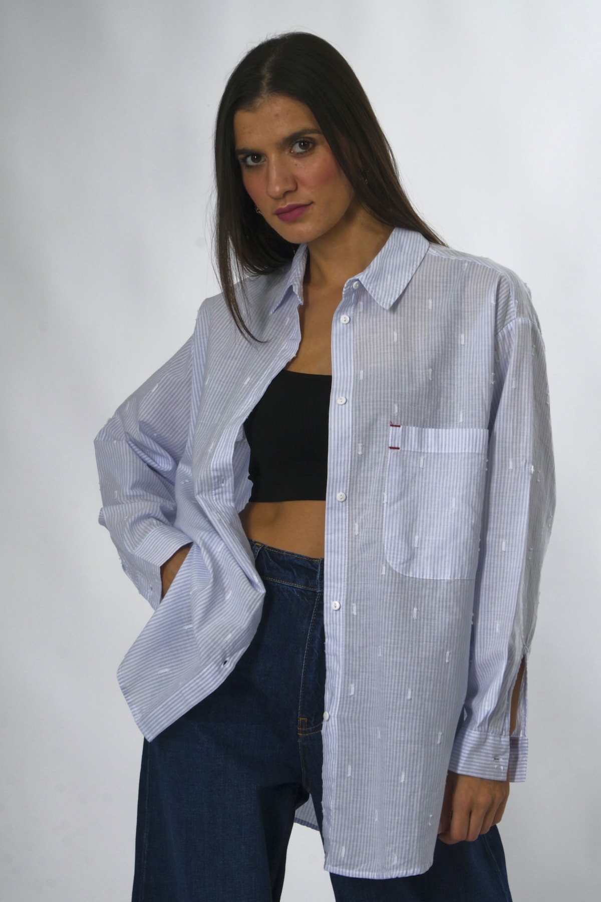 Abbra Kadın %100 Pamuk İlmek Baskılı Oversize Gömlek - BEBE MAVİSİ