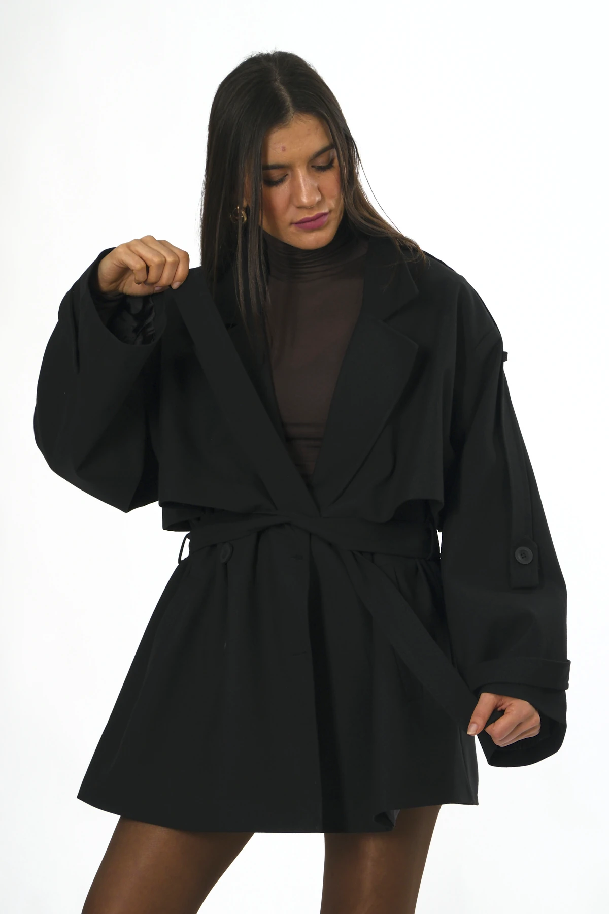 Abbra Kadın Kuşaklı Oversize Kısa Trenç