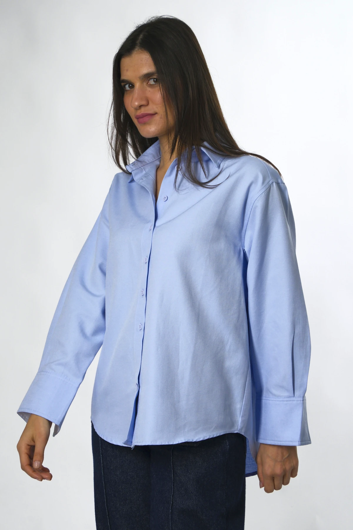 Abbra Kadın Pamuklu Kolu Beyaz Manşetli Gömlek