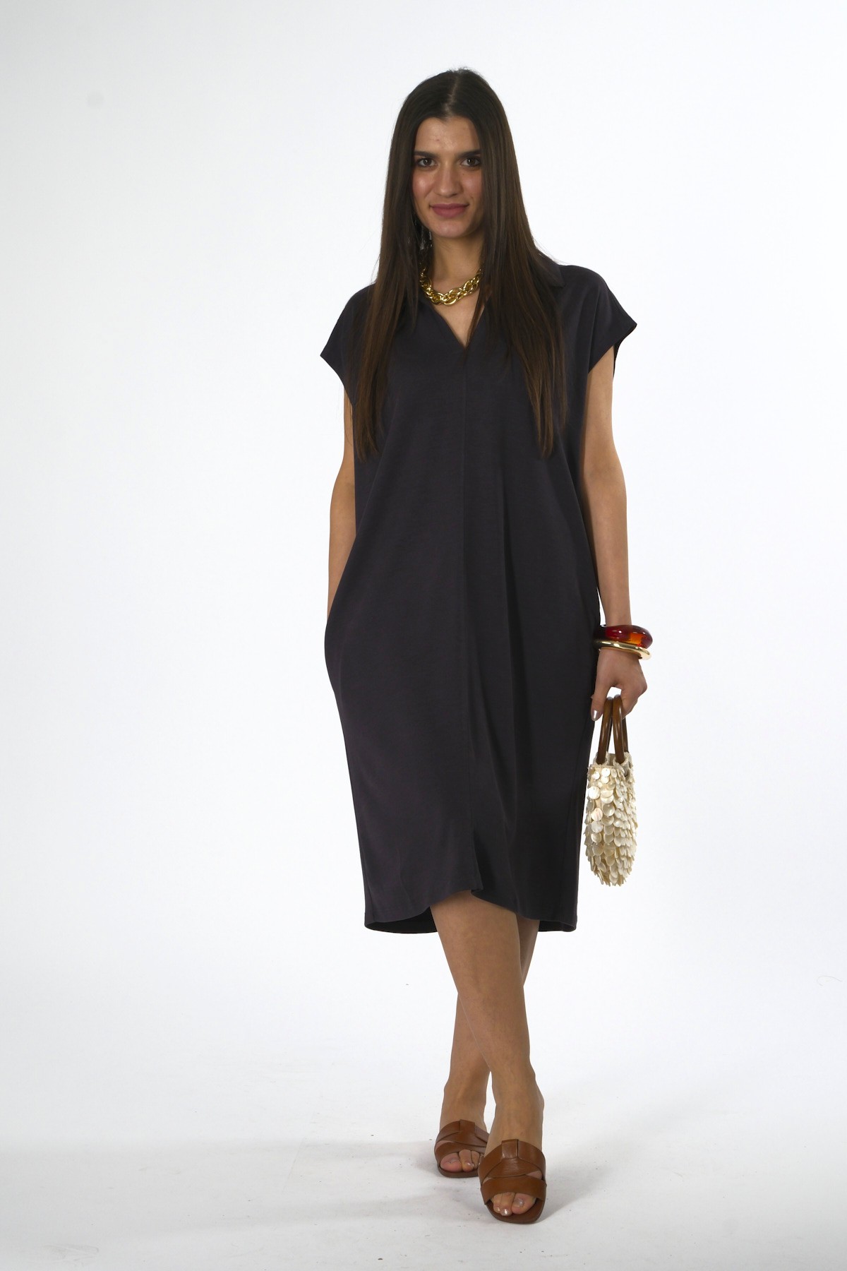 Abbra Kadın Modal Polo Yaka Oversize Elbise