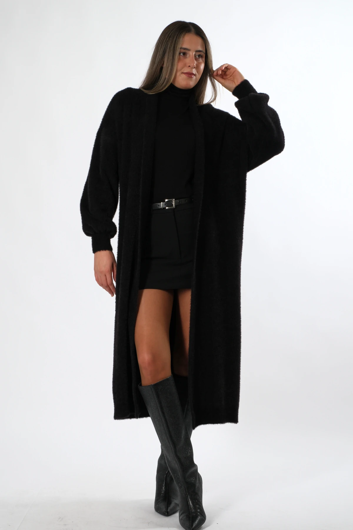 Abbra Kadın Boydan Sakallı Triko Hırka - SİYAH