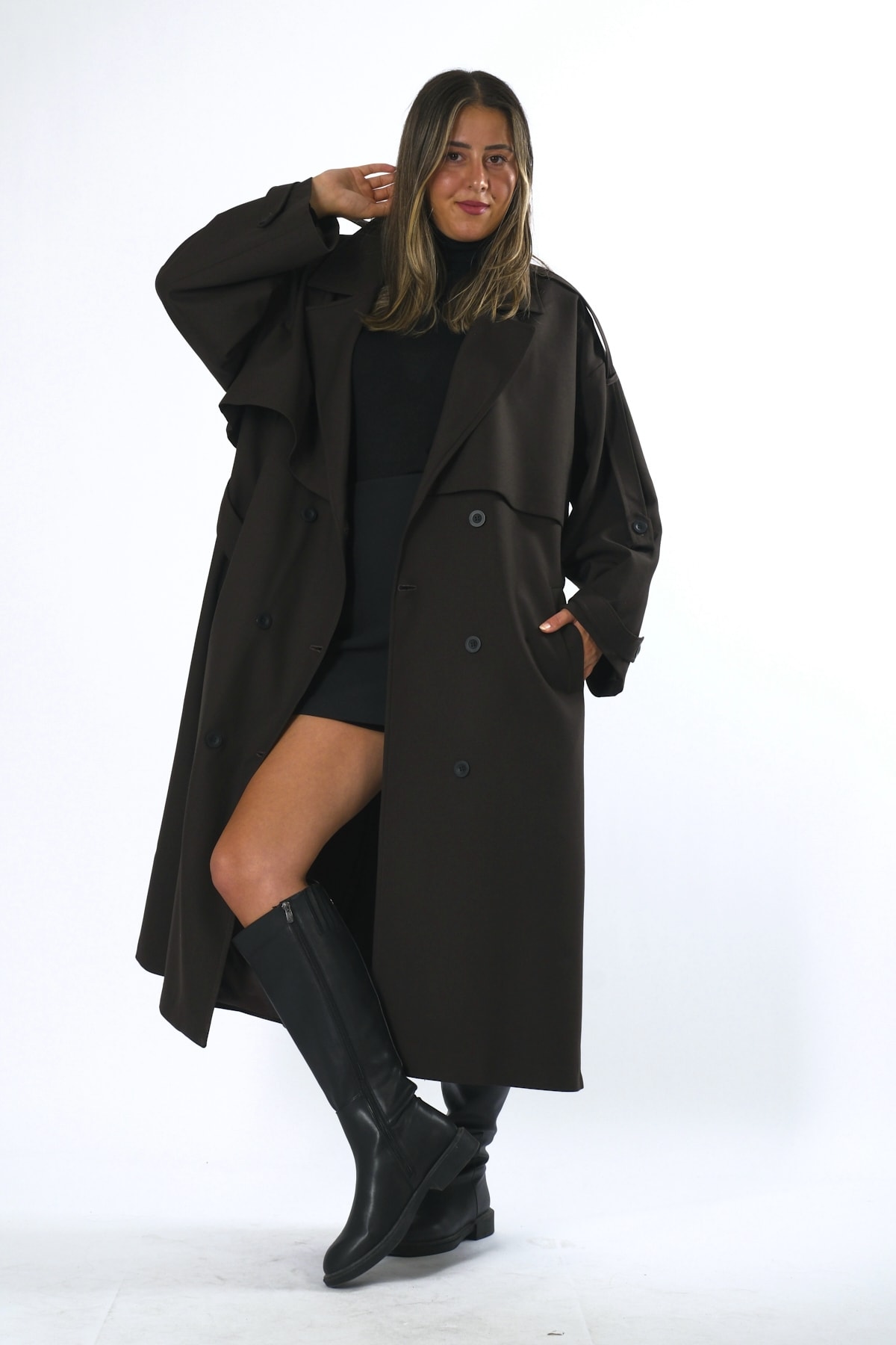 Abbra Kadın Oversize Astarlı Trenç - KAHVE