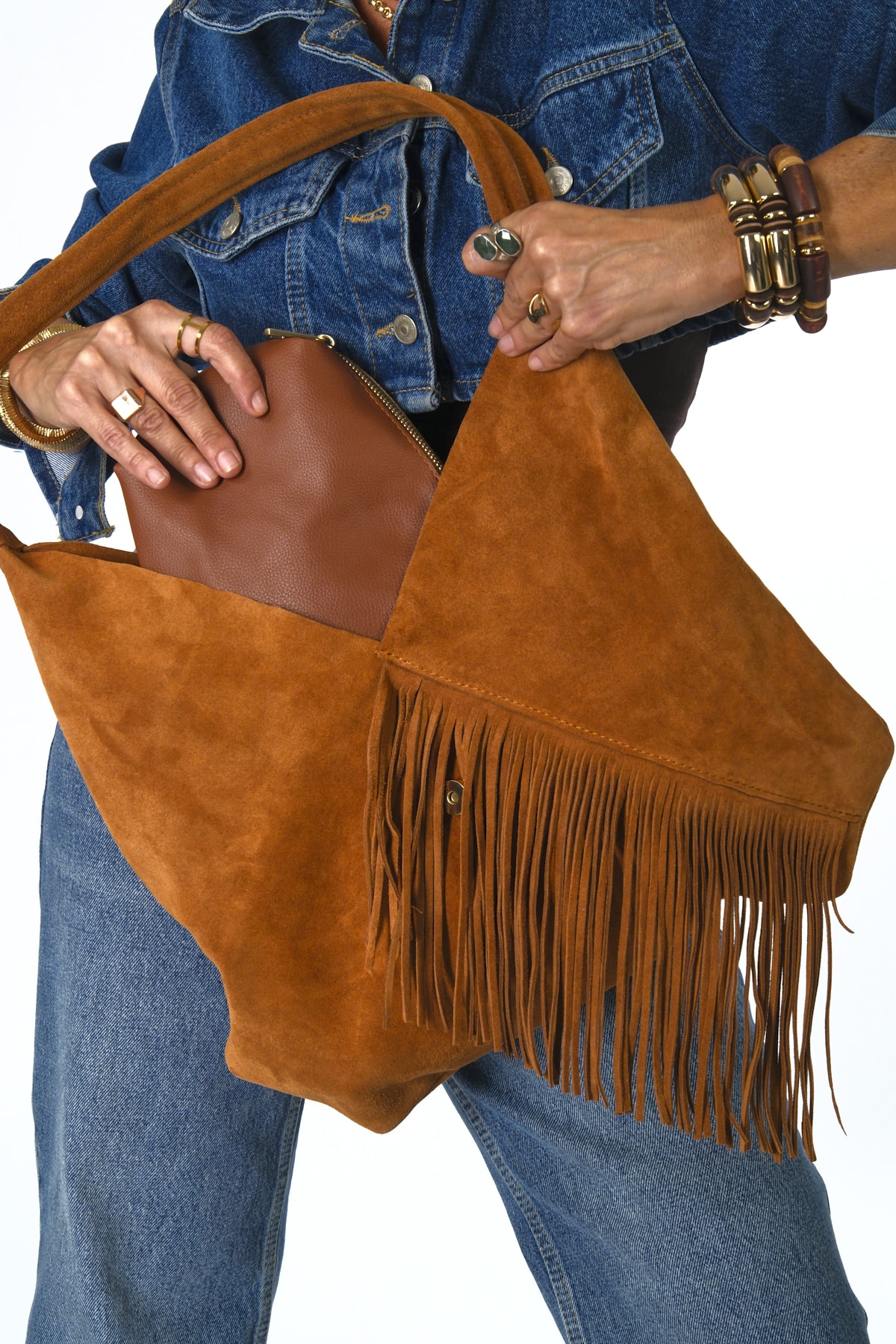 Abbra Kadın Gerçek Süet Deri Yavrulu Yan Püsküllü Çanta