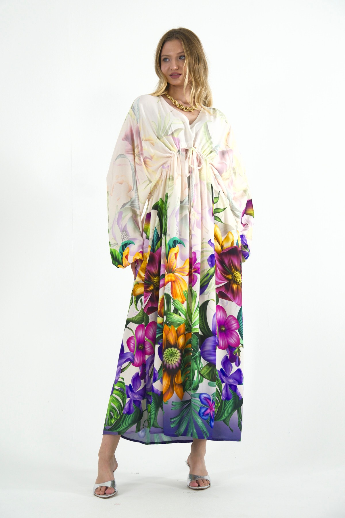 Abbra Kadın Bağcık Detaylı Oversize %100 Viskon Yazlık Elbise - PUDRA-MOR