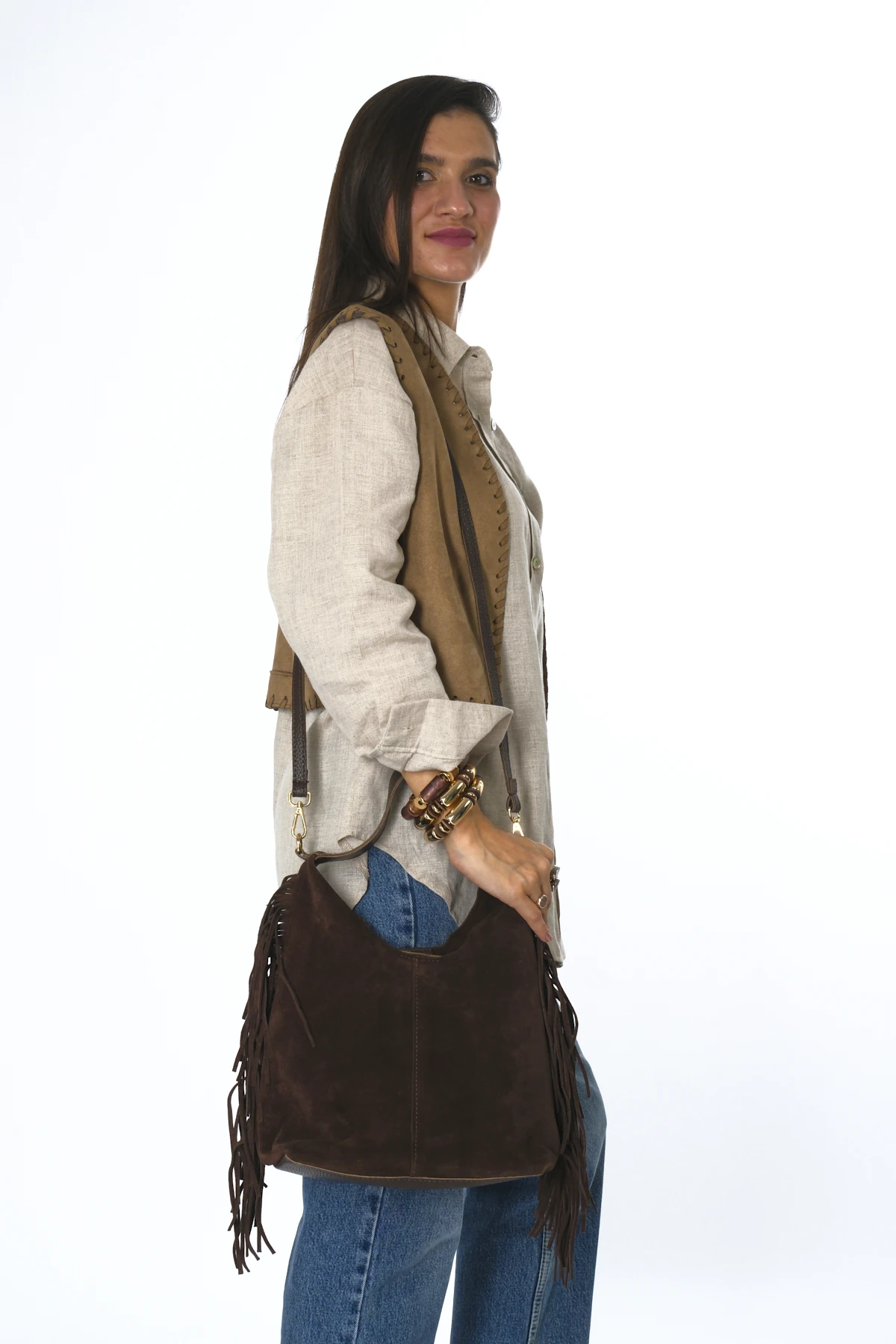 Abbra Kadın Gerçek Süet Deri Yanları Püsküllü Yavrulu Çanta