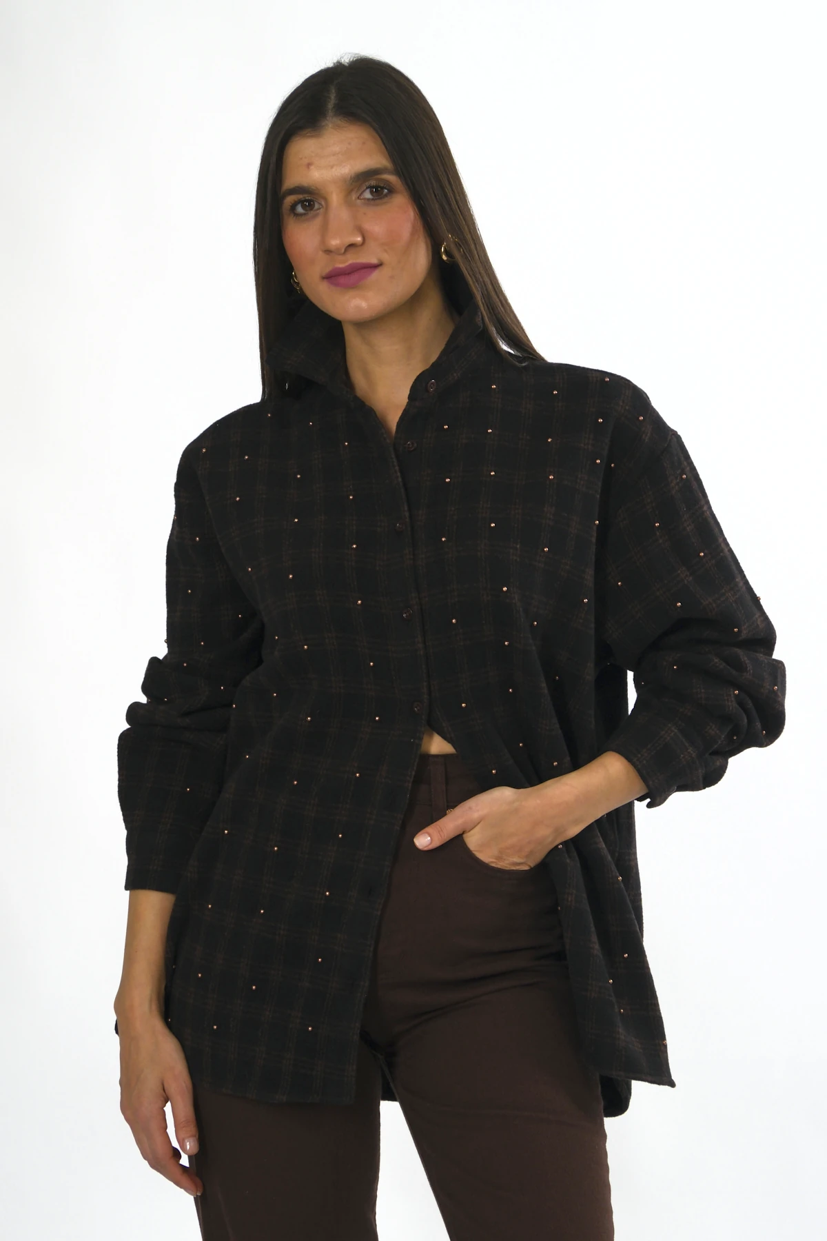 Abbra Kadın Zımba Çakımlı Pamuklu Ekose Gömlek