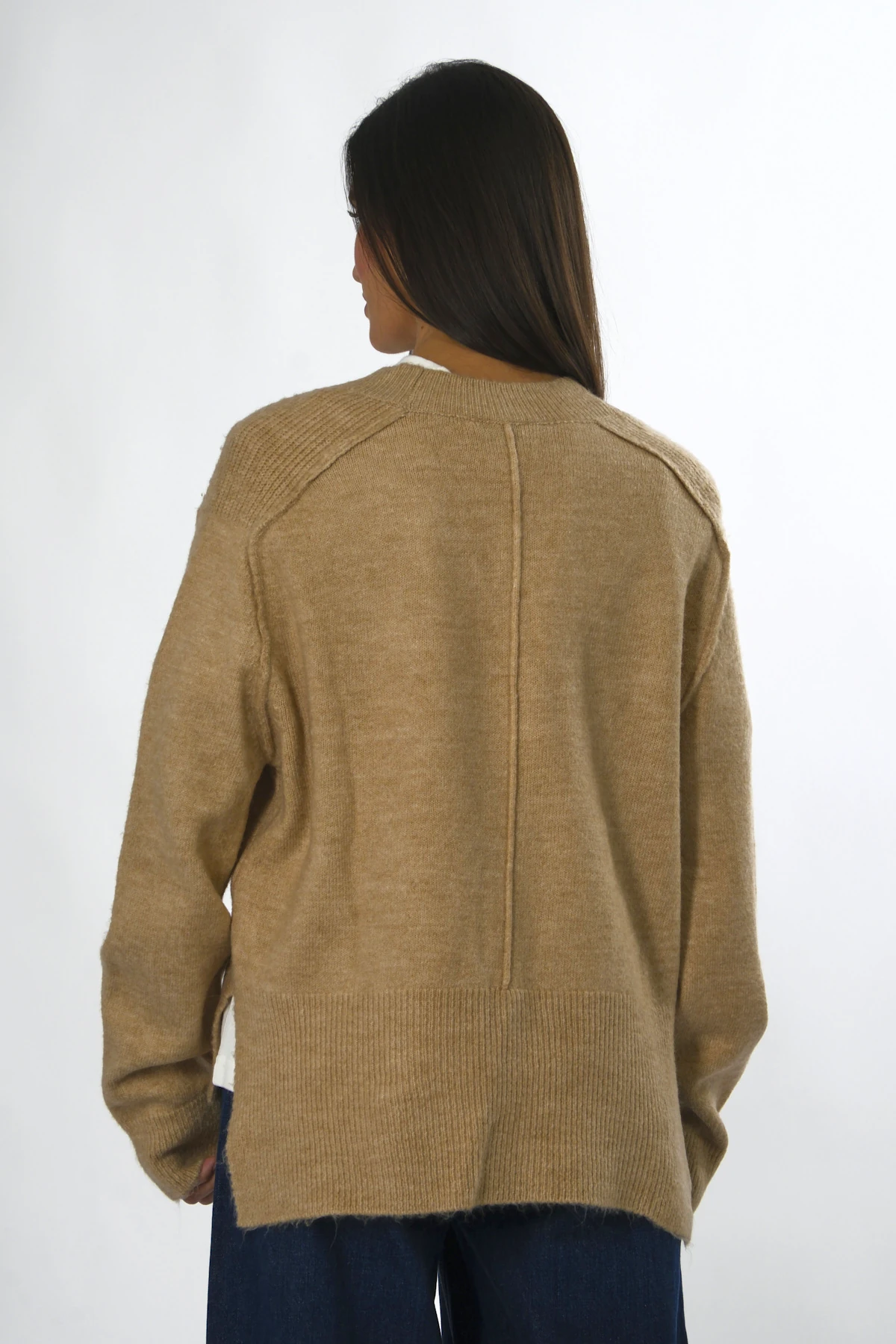 Abbra Kadın V Yaka Dikiş Yırtmaçlı Detay Triko Kazak