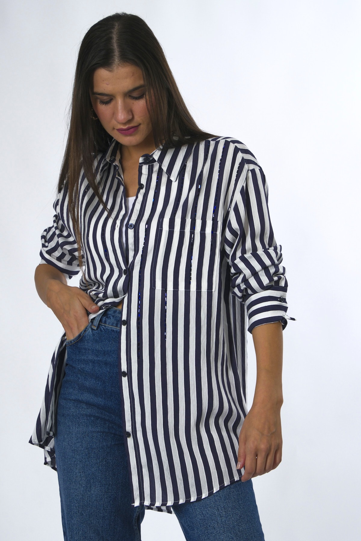 Abbra Kadın Oversize Taşlı Çizgili Cepli Gömlek