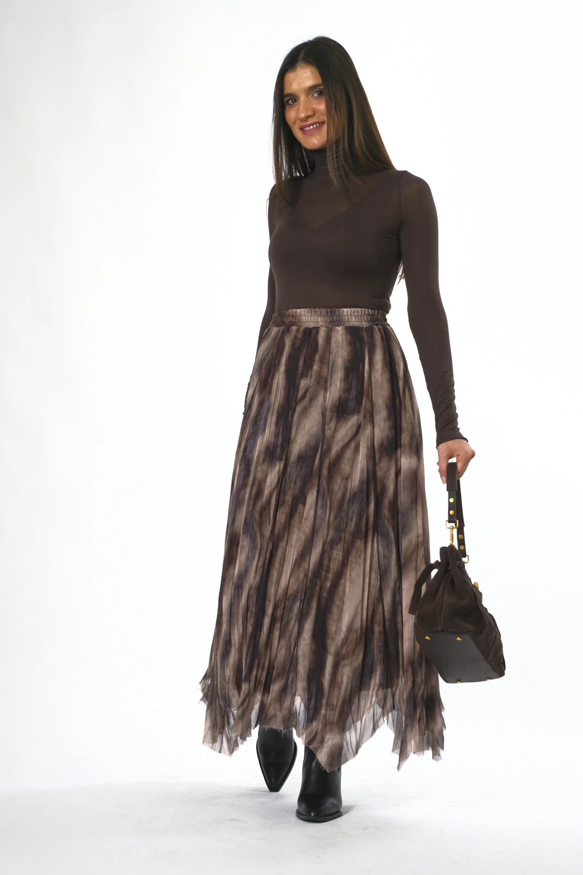 Abbra Kadın Beli Lastikli Astarlı Asimetrik Şifon Etek