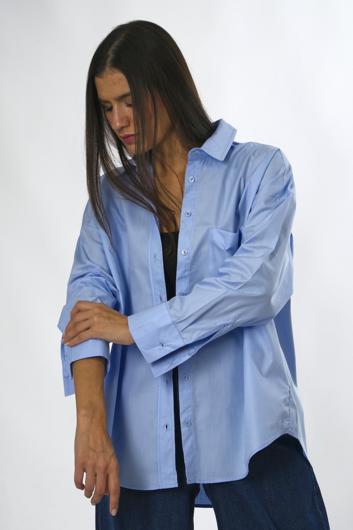Abbra Kadın %100 Pamuk Tek Cepli Oversize Poplin Gömlek - BEBE MAVİSİ