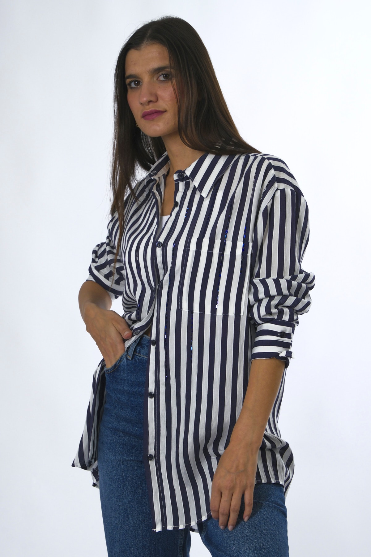 Abbra Kadın Oversize Taşlı Çizgili Cepli Gömlek - LACİVERT-BEYAZ