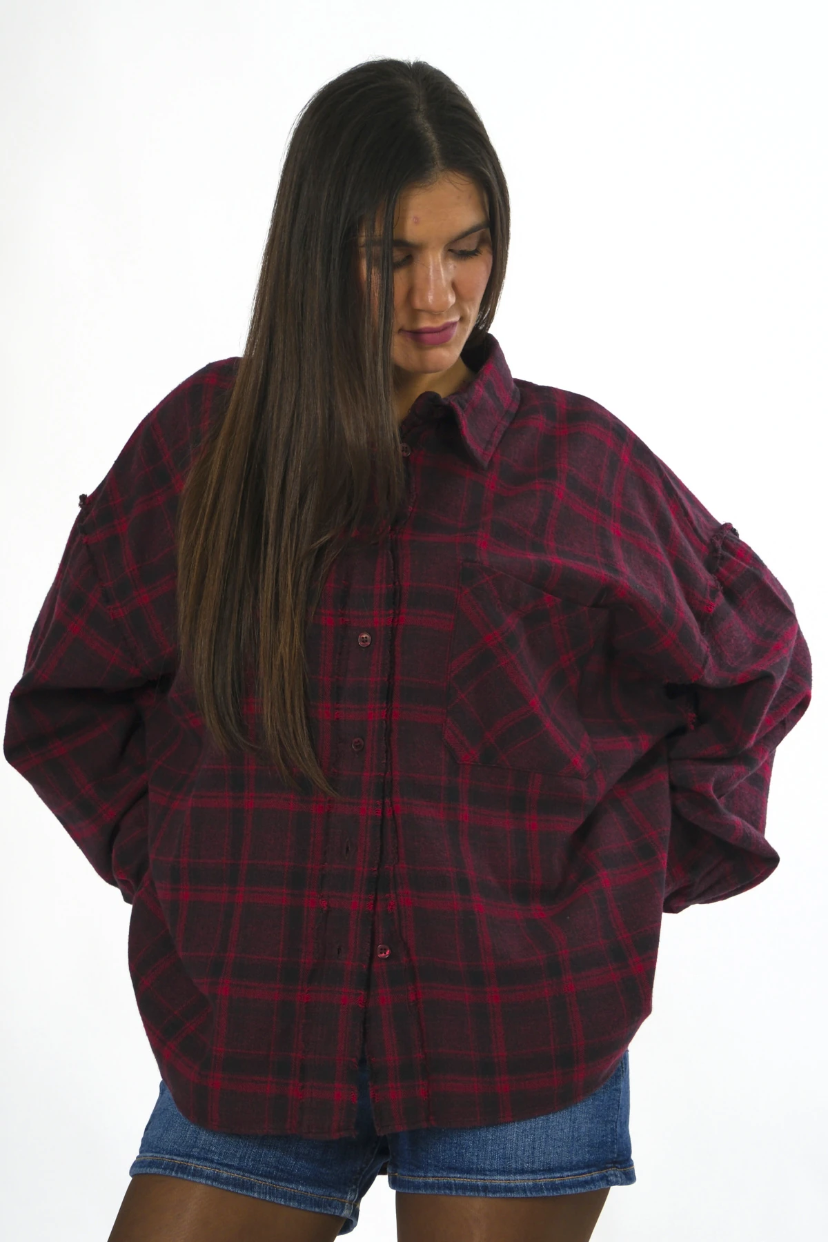 Abbra Kadın %100 Pamuk Oversize Ekose Gömlek