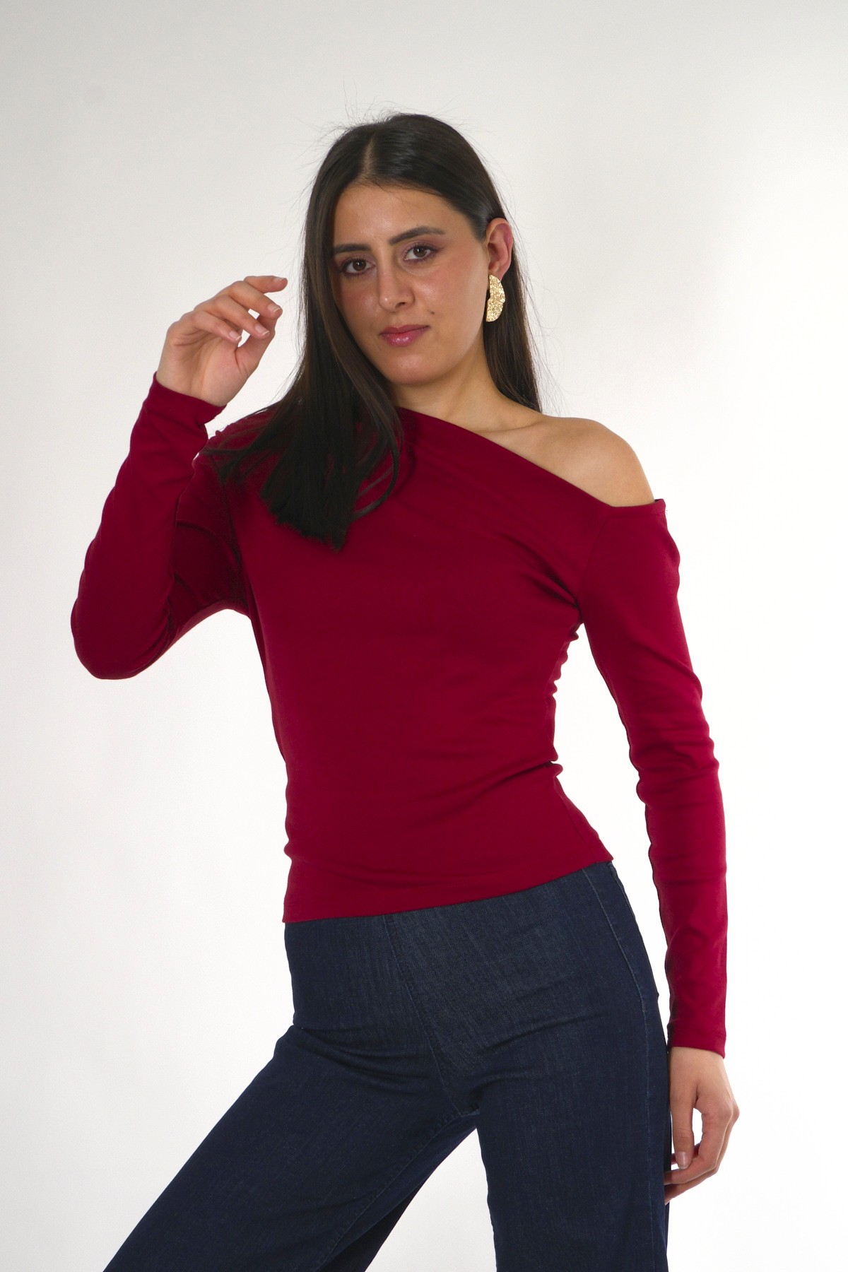 Abbra Kadın Çapraz Yakalı Uzun Kol Tshirt - BORDO