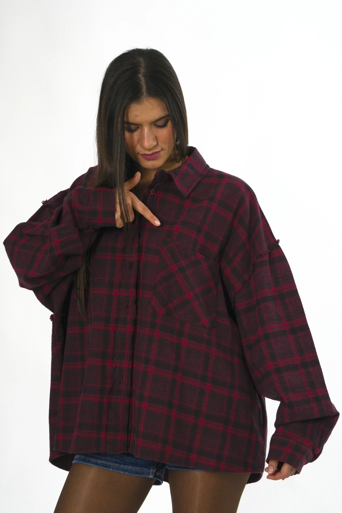 Abbra Kadın %100 Pamuk Oversize Ekose Gömlek