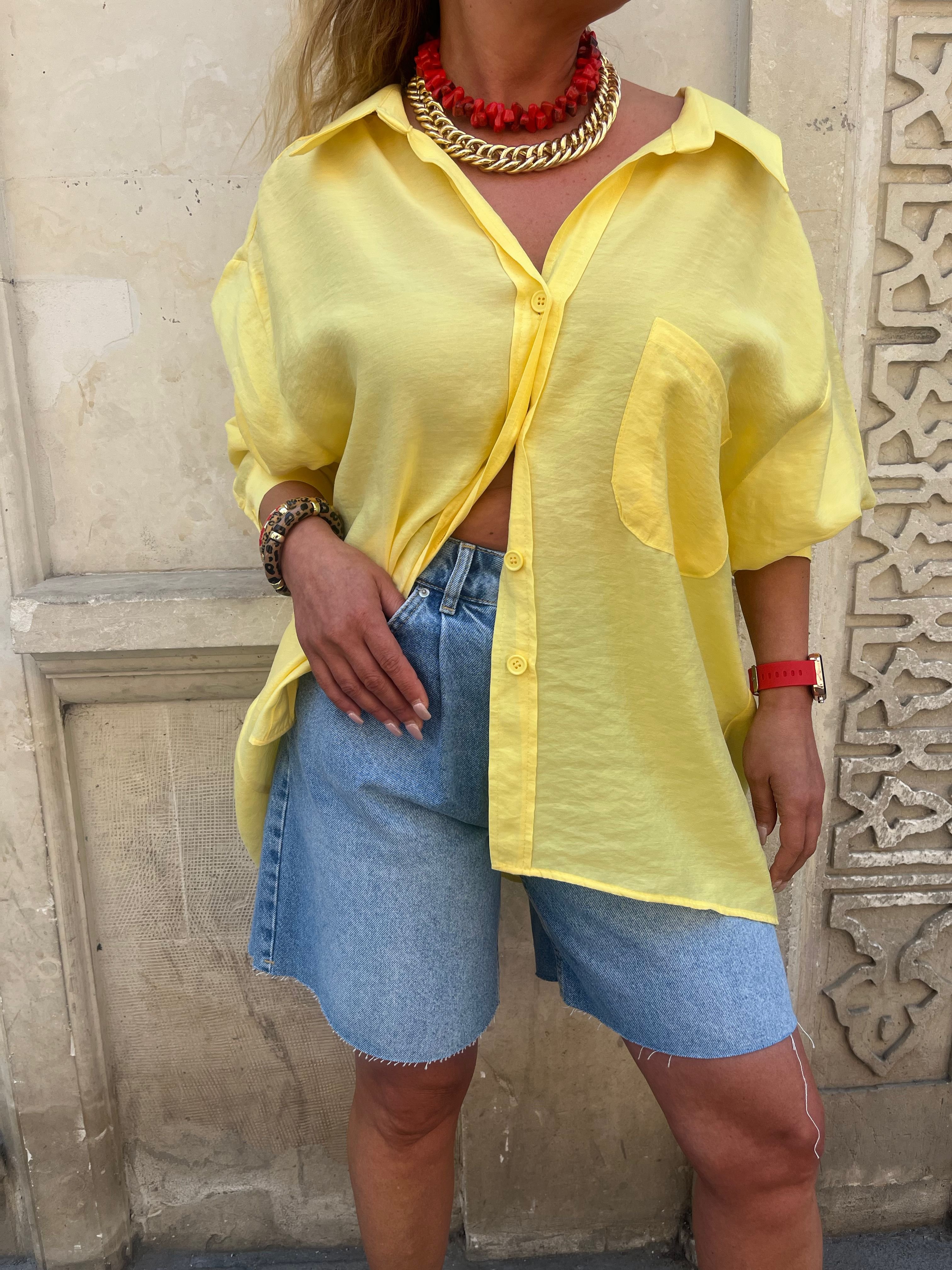 Abbra Kadın Düşük Omuzlu Modal Oversize Gömlek - SARI