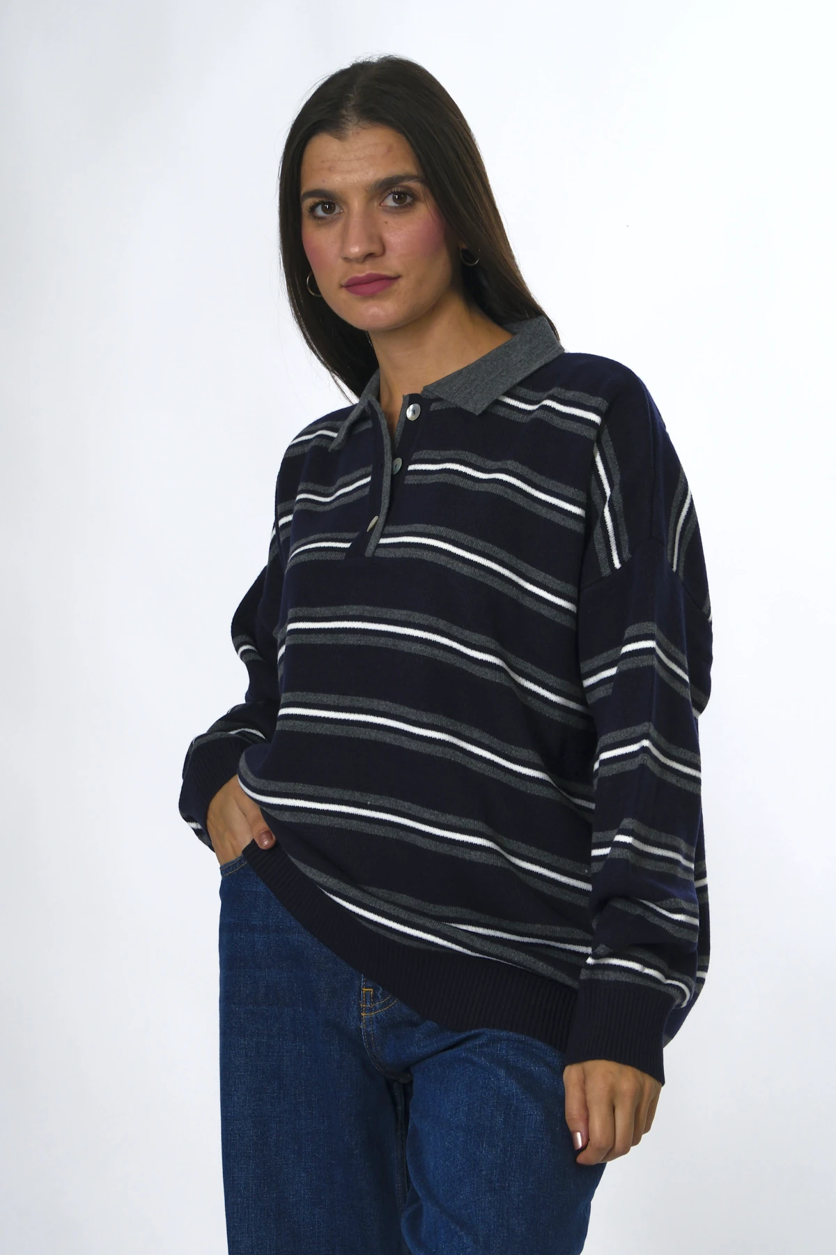 Abbra Kadın Düğmeli Polo Yaka Oversize Kazak