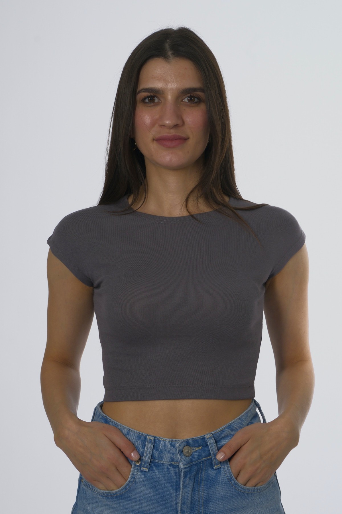 Abbra Kadın Pamuk Modal Karışımlı Crop Top - FÜME