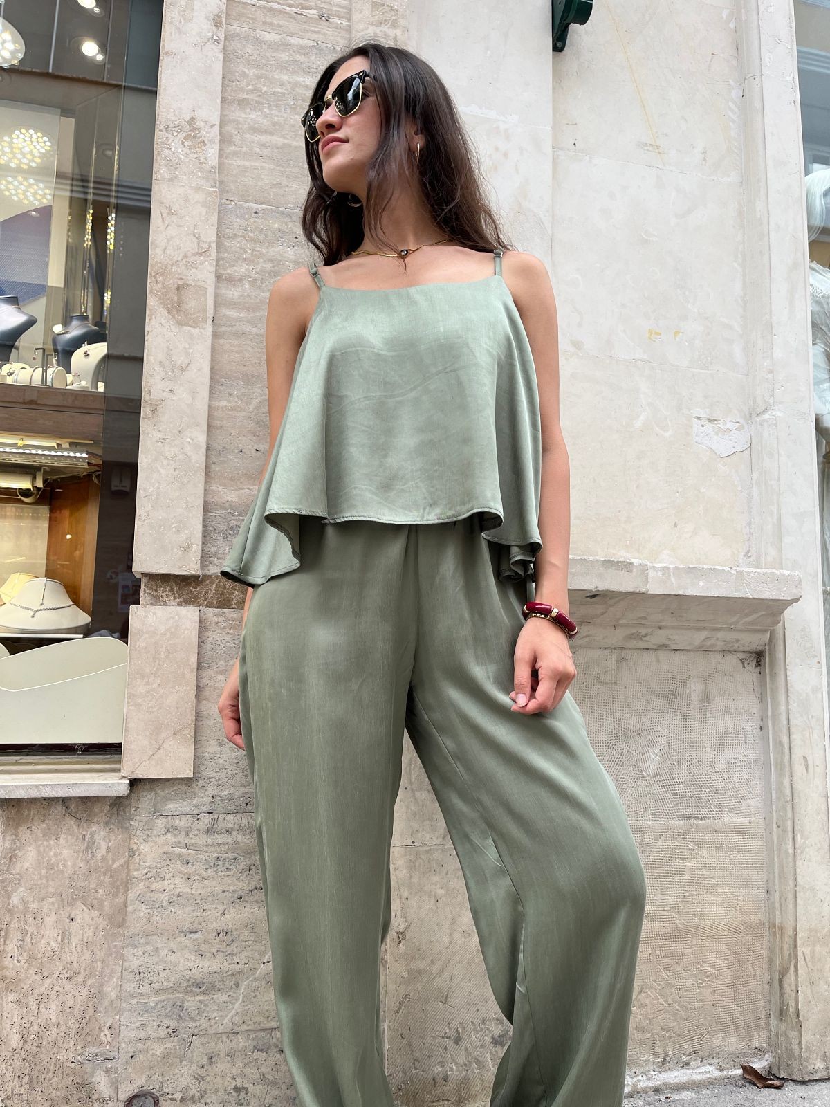 Abbra Kadın Askılı Bluz Pantolon Takım  - HAKİ