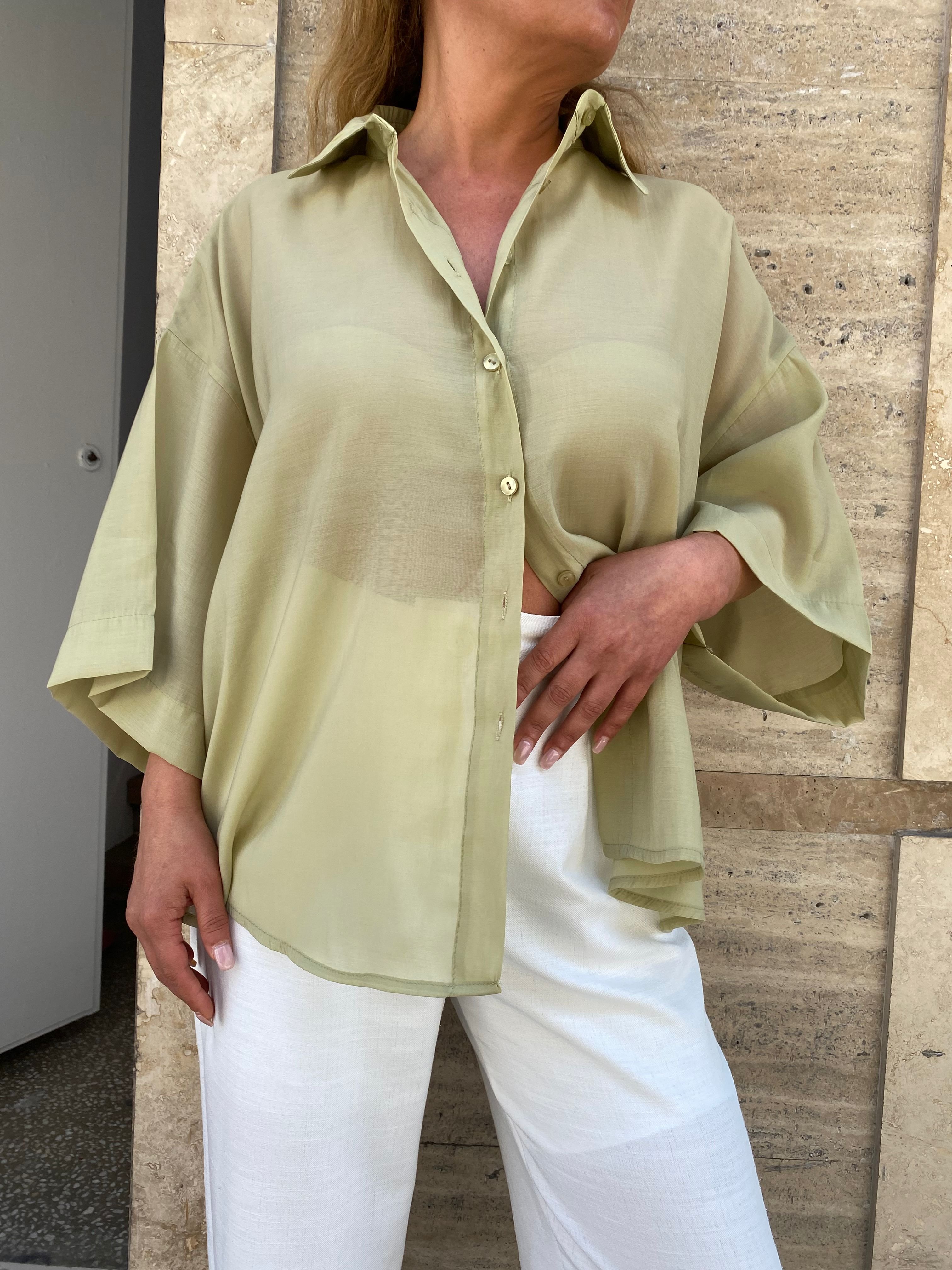 Abbra Kadın İpeksi Kısa Kol Oversize Gömlek - ADAÇAYI YEŞİL