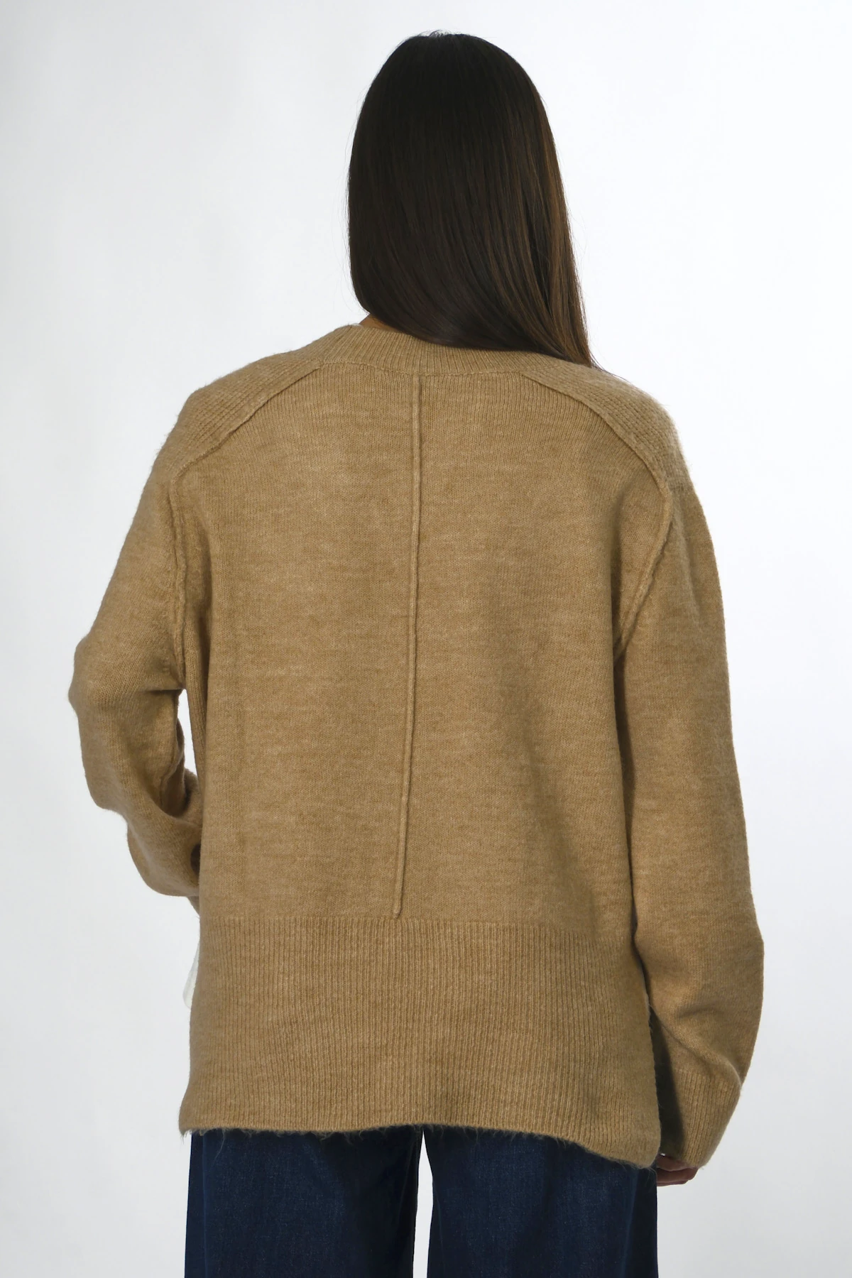 Abbra Kadın V Yaka Dikiş Yırtmaçlı Detay Triko Kazak