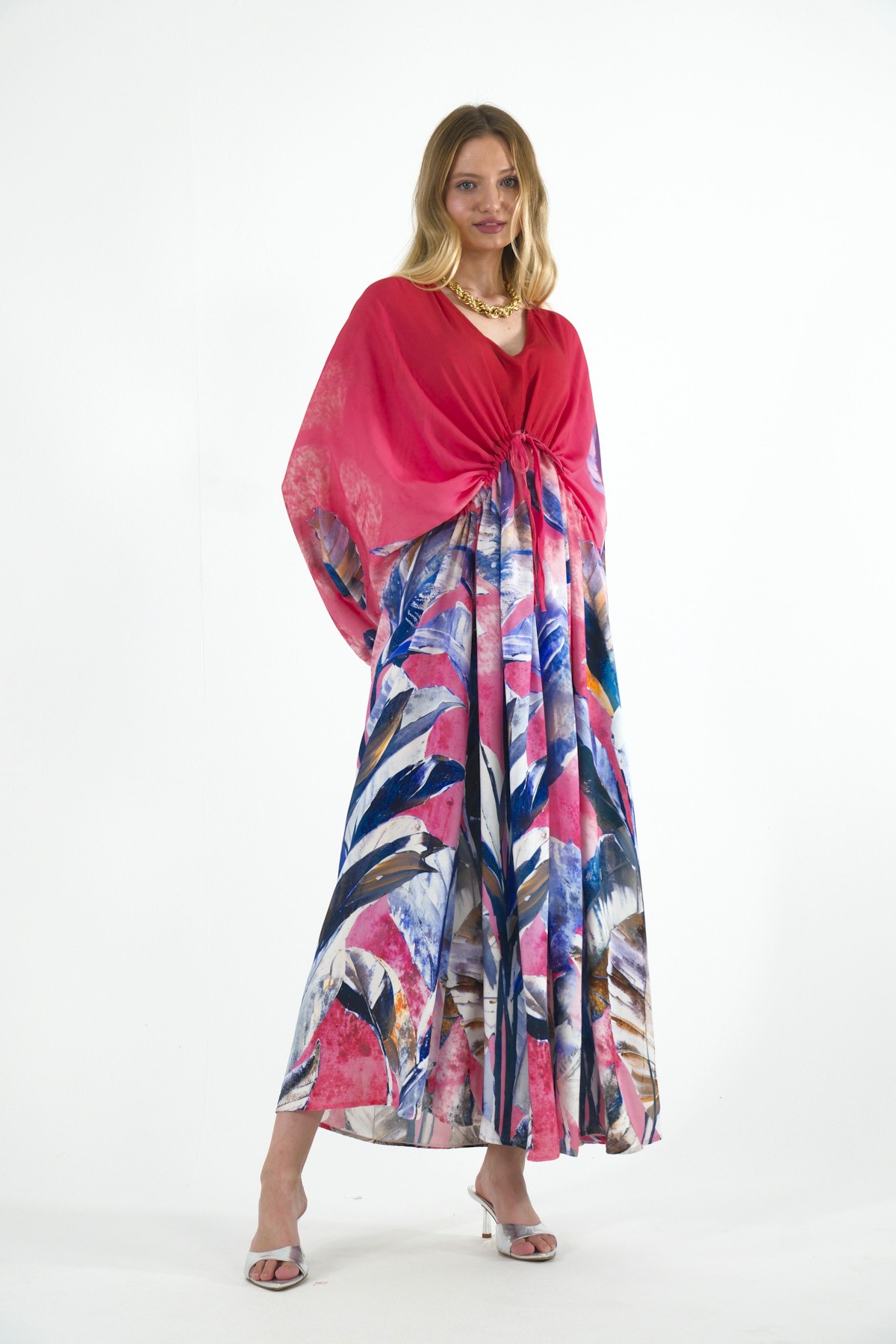 Abbra Kadın Bağcık Detaylı Oversize %100 Viskon Yazlık Elbise - KIRMIZI
