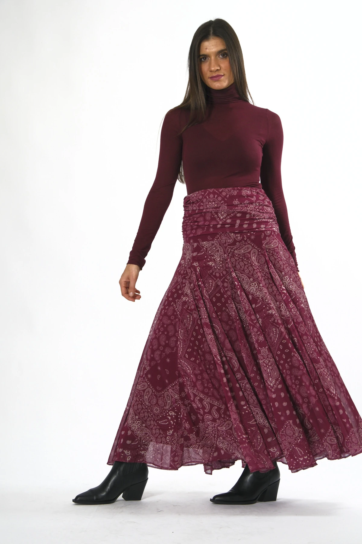 Abbra Kadın Bel Detaylı Şal Desen Astarlı Şifon Etek