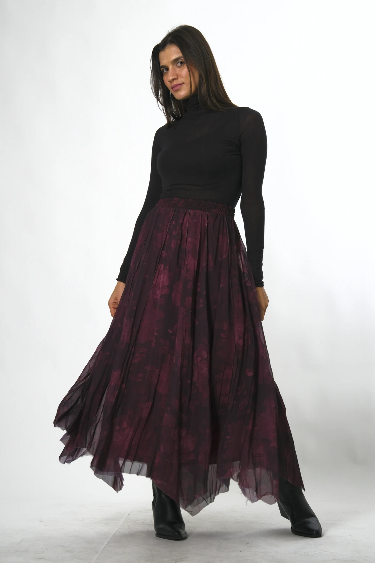 Abbra Kadın Astarlı Beli Lastikli Desenli Şifon Etek