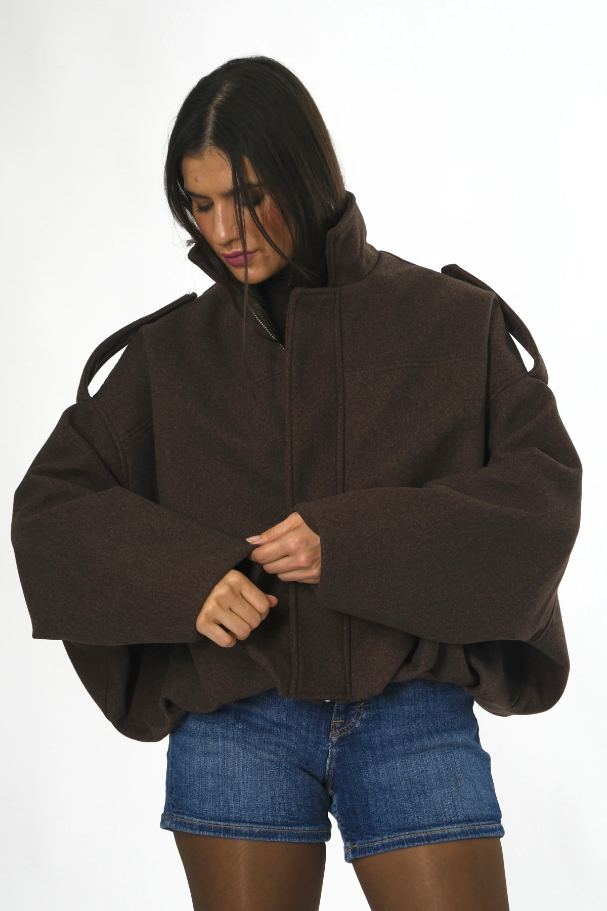 Abbra Kadın Pileli Astarlı Kaşe Bomber Ceket