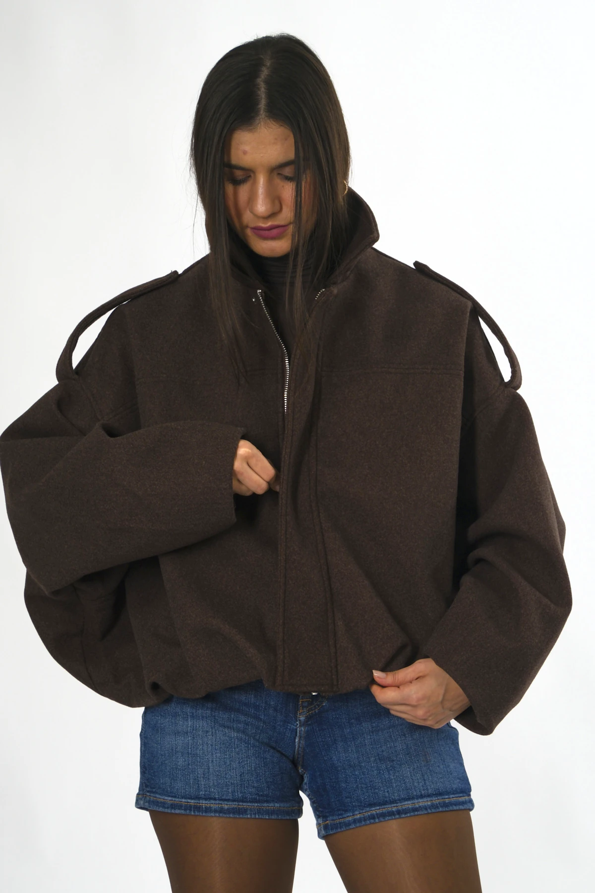 Abbra Kadın Pileli Astarlı Kaşe Bomber Ceket