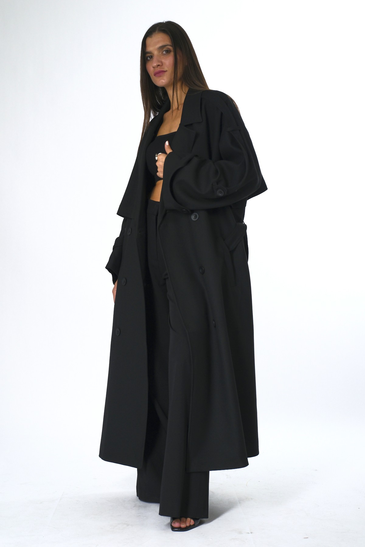 Abbra Kadın Oversize Astarlı Trenç - SİYAH