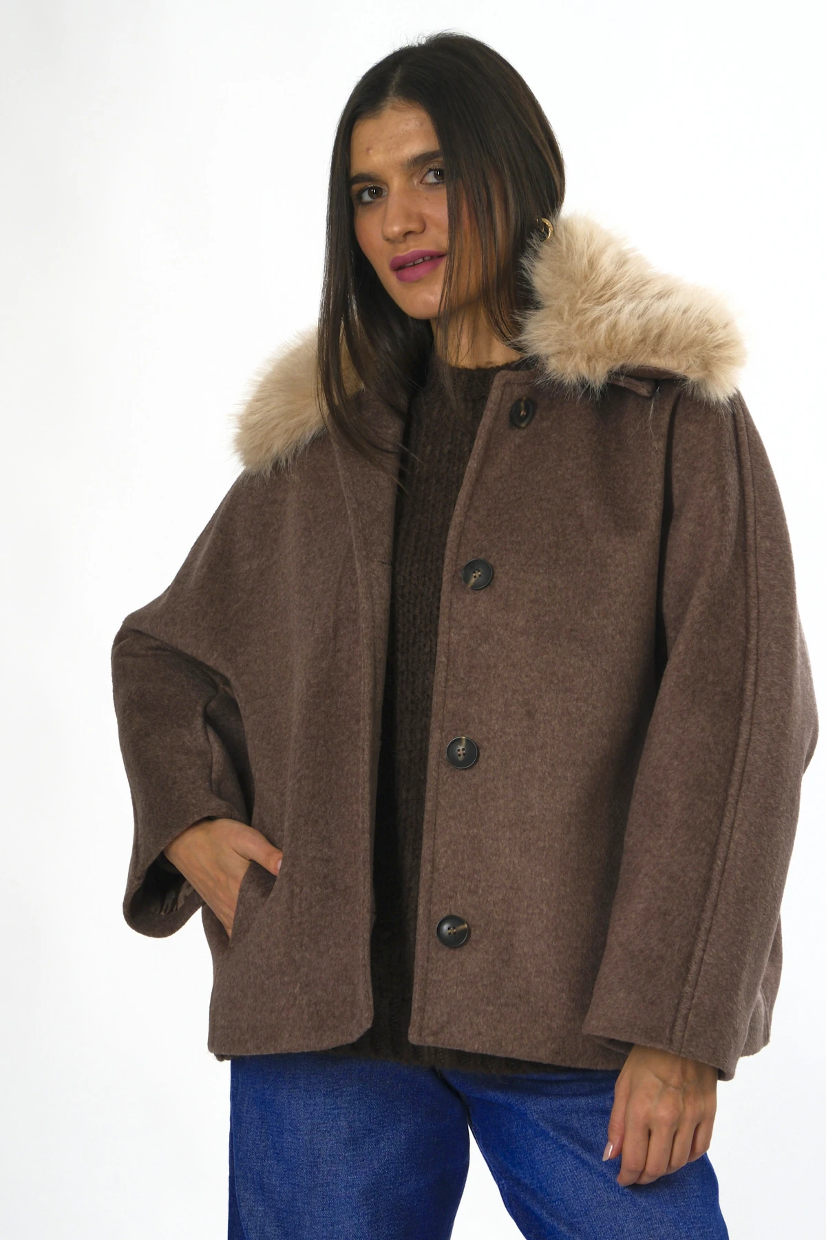 Abbra Kadın Çıkarılabilir Kürk Yaka Astarlı Kaban