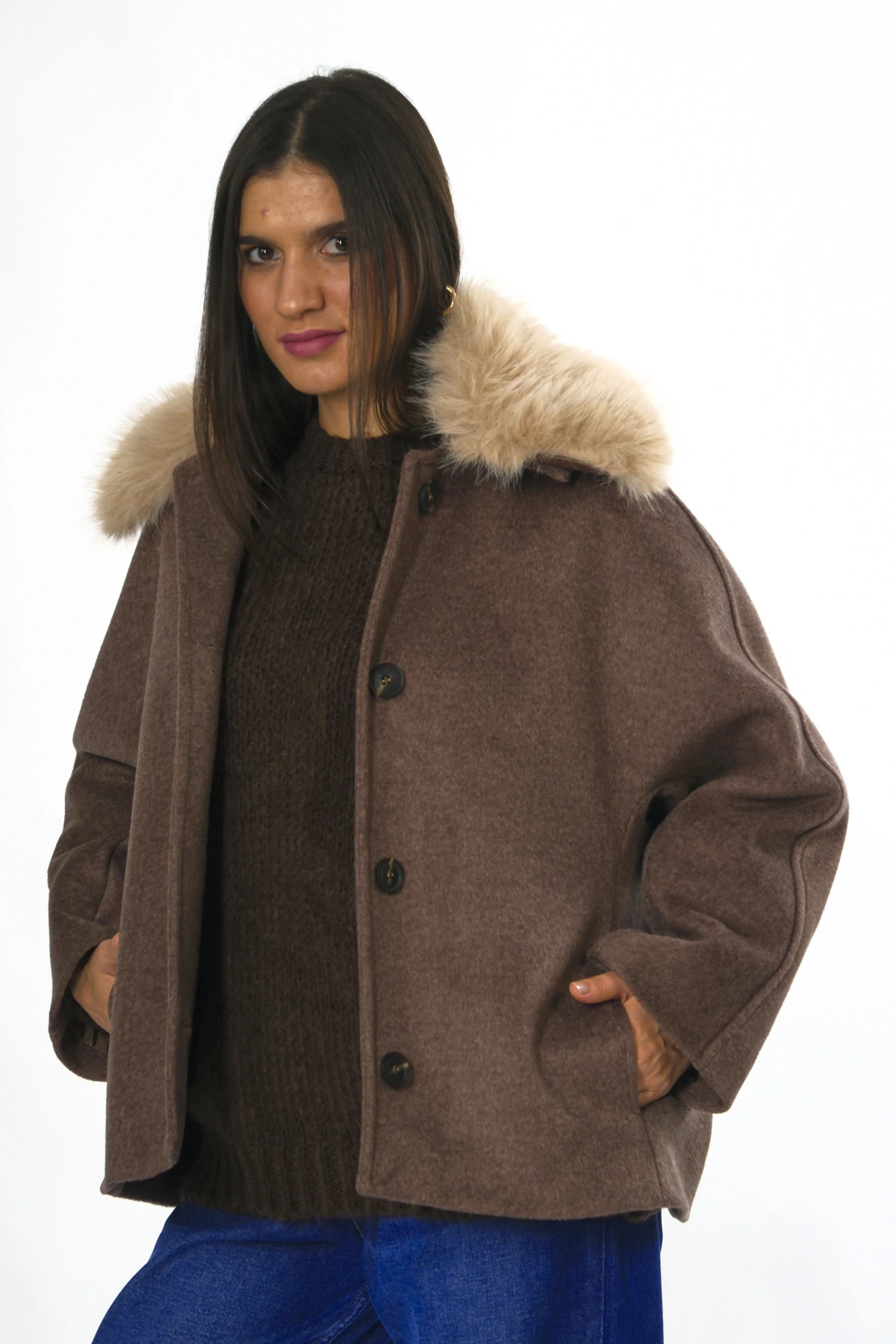 Abbra Kadın Çıkarılabilir Kürk Yaka Astarlı Kaban