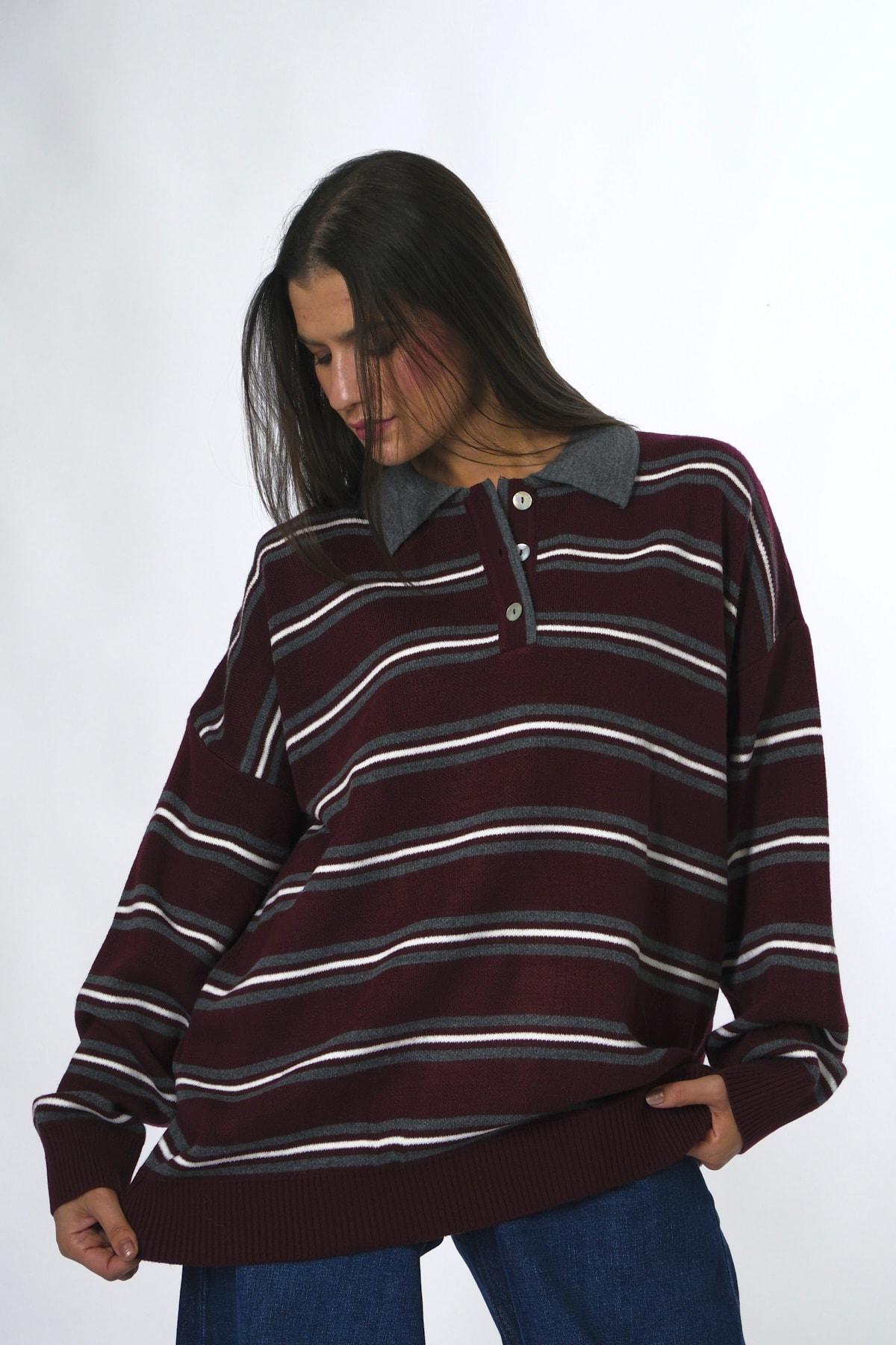 Abbra Kadın Düğmeli Polo Yaka Oversize Kazak