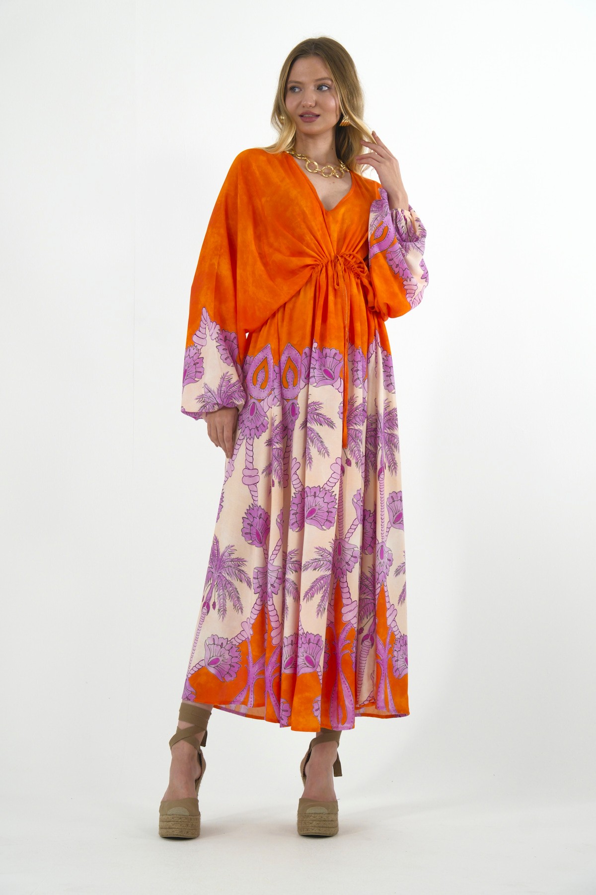 Abbra Kadın Bağcık Detaylı Oversize %100 Viskon Yazlık Elbise - ORANJ