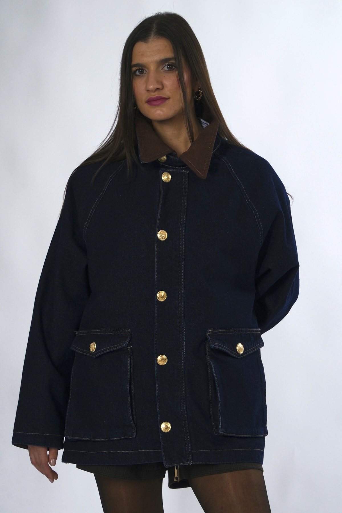 Abbra Kadın Kadife Yaka Oversize Kot Ceket