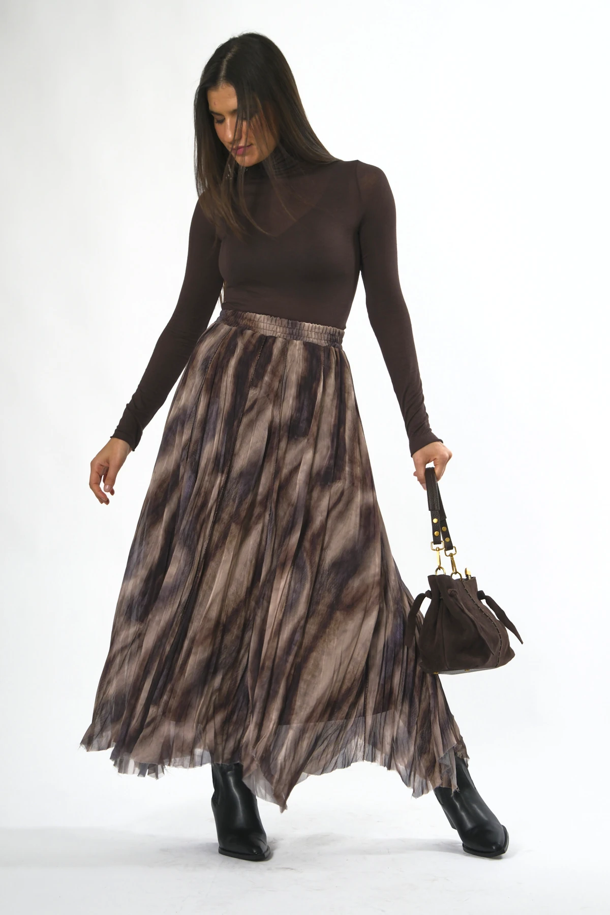 Abbra Kadın Beli Lastikli Astarlı Asimetrik Şifon Etek