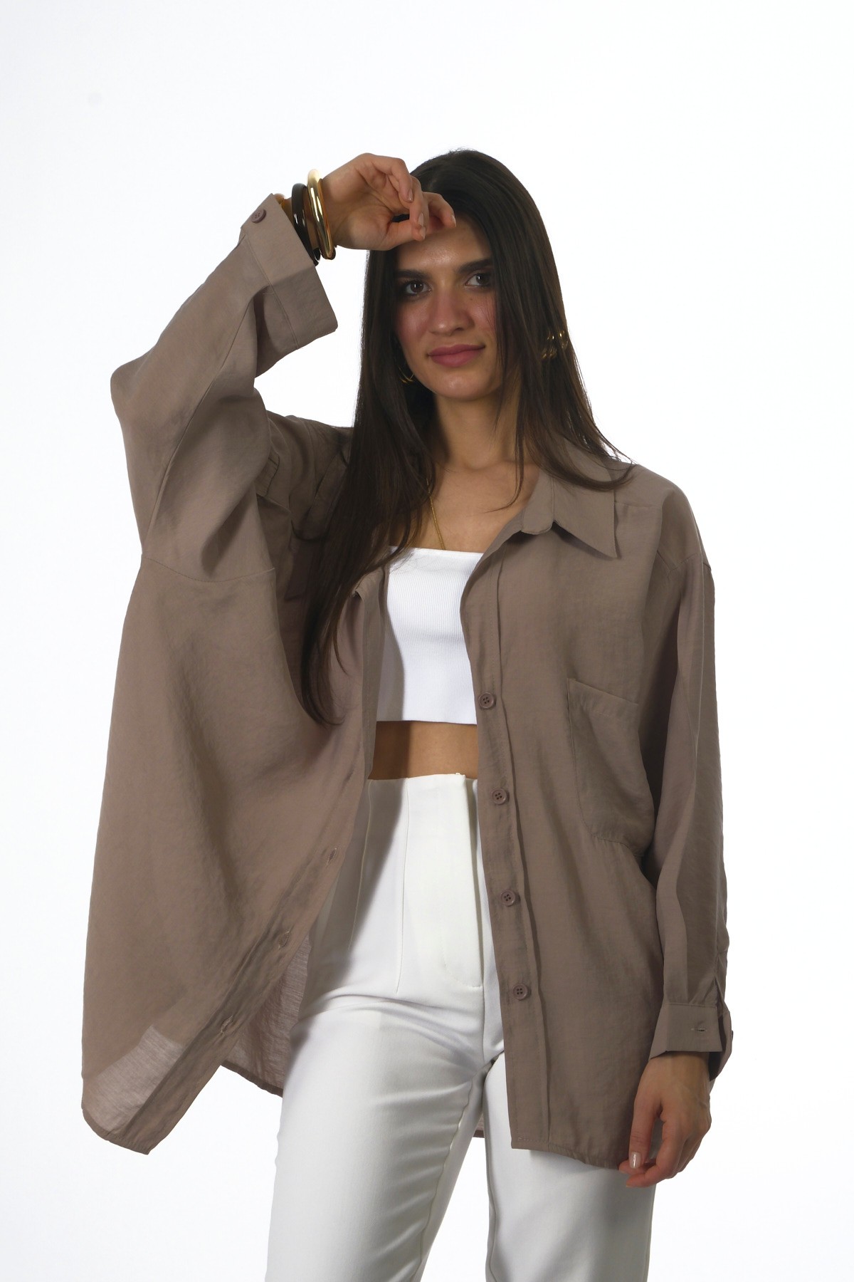 Abbra Kadın Düşük Omuzlu Modal Oversize Gömlek