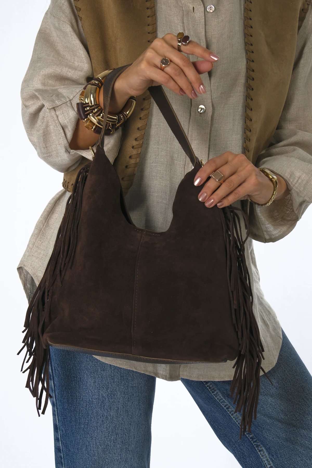 Abbra Kadın Gerçek Süet Deri Yanları Püsküllü Yavrulu Çanta