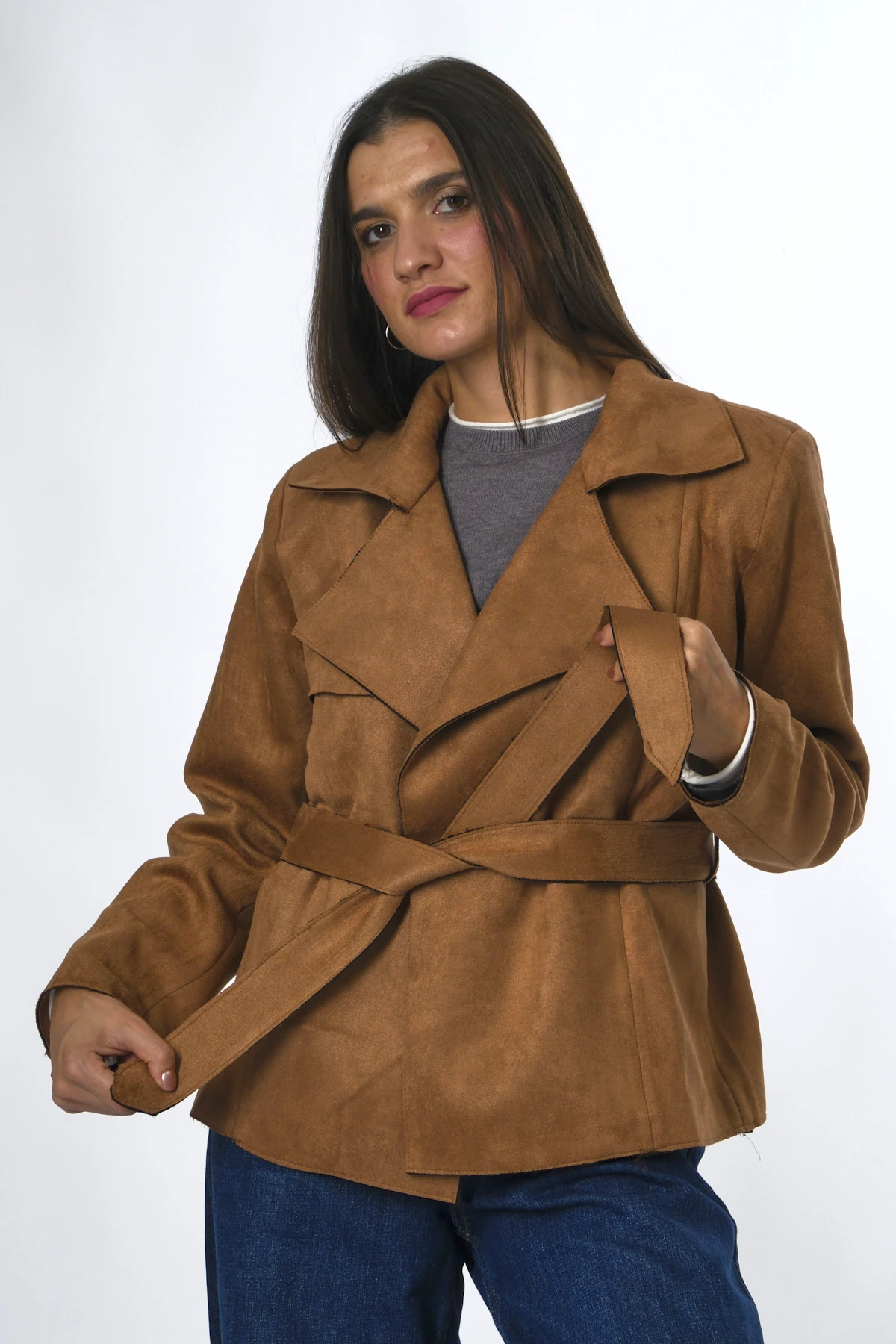 Abbra Kadın Vatkalı Kuşaklı Nubuk Ceket