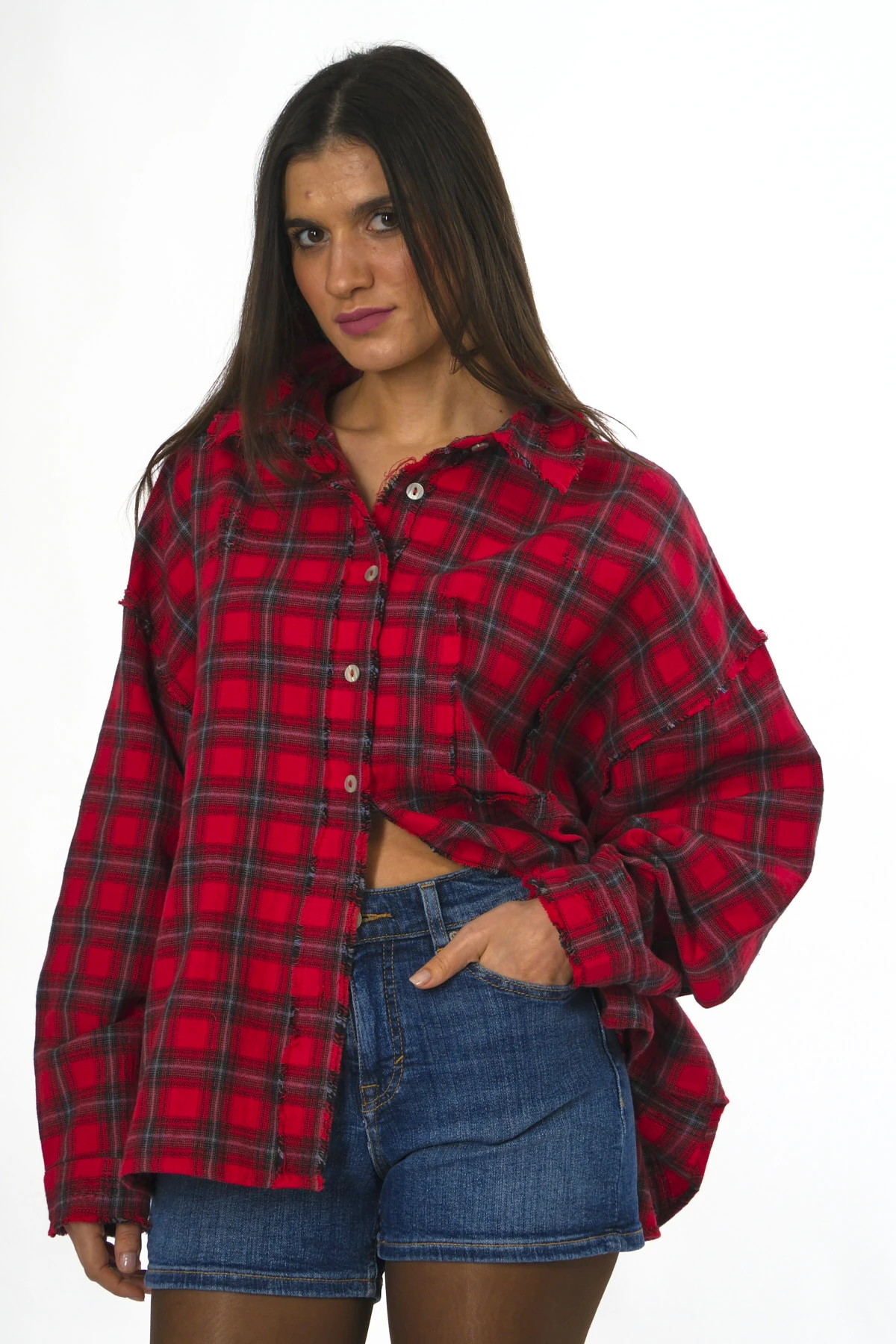 Abbra Kadın %100 Pamuk Lazer Kesim Ekoseli Gömlek