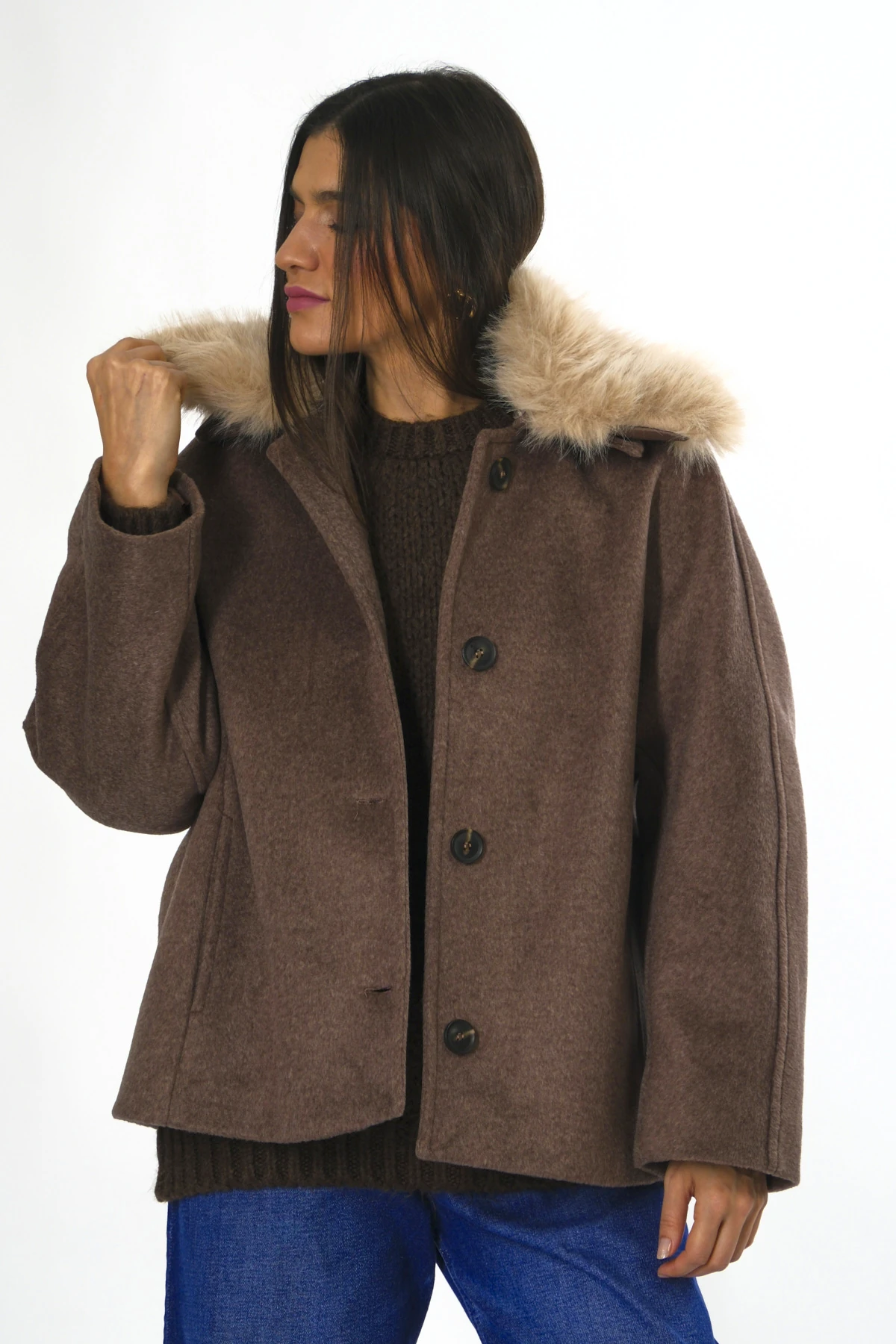 Abbra Kadın Çıkarılabilir Kürk Yaka Astarlı Kaban