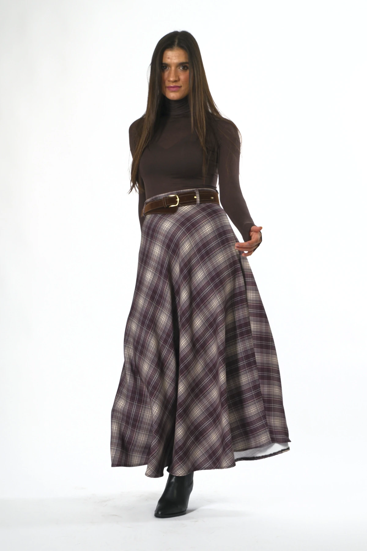 Abbra Kadın Ekoseli Astarlı Kemerli Etek