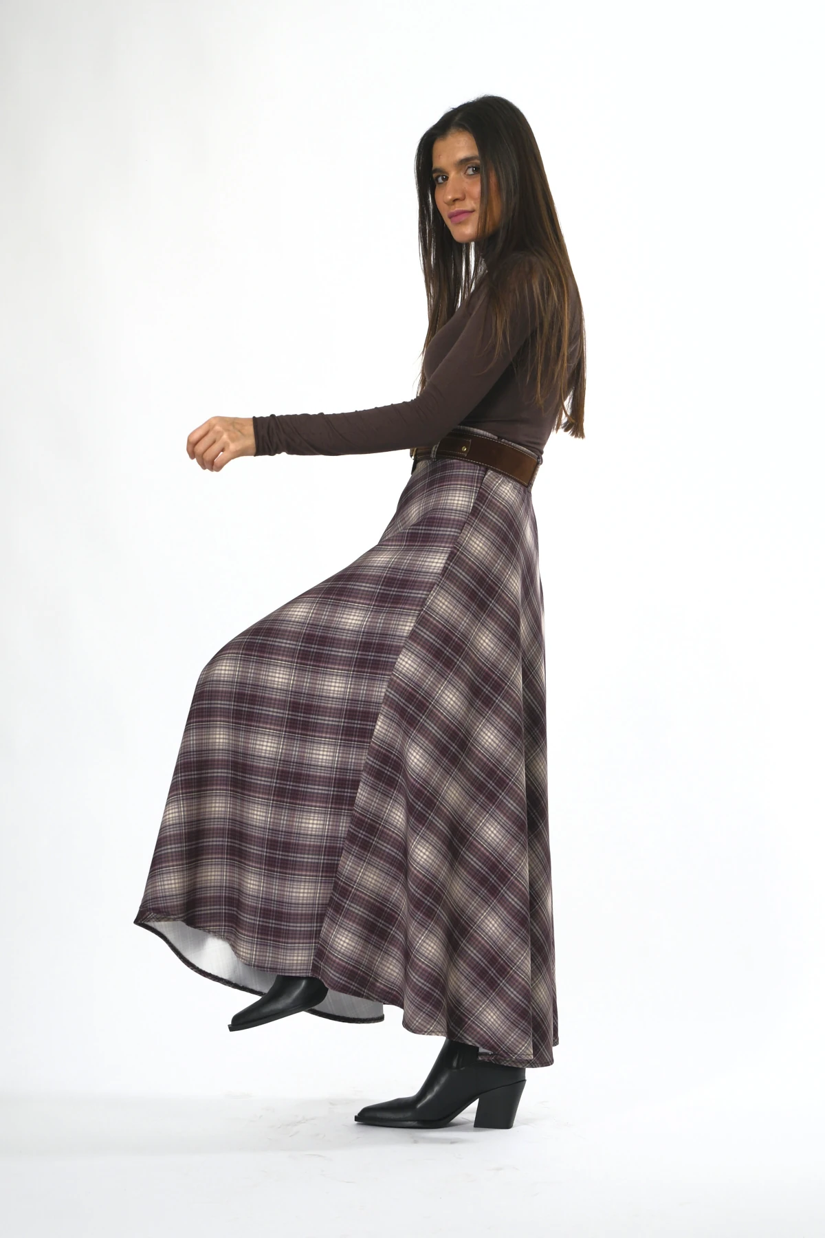 Abbra Kadın Ekoseli Astarlı Kemerli Etek