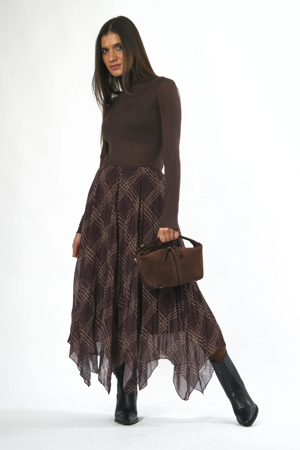 Kadın Beli Lastikli Astarlı Parçalı Ekose Etek - KAHVE-BEJ