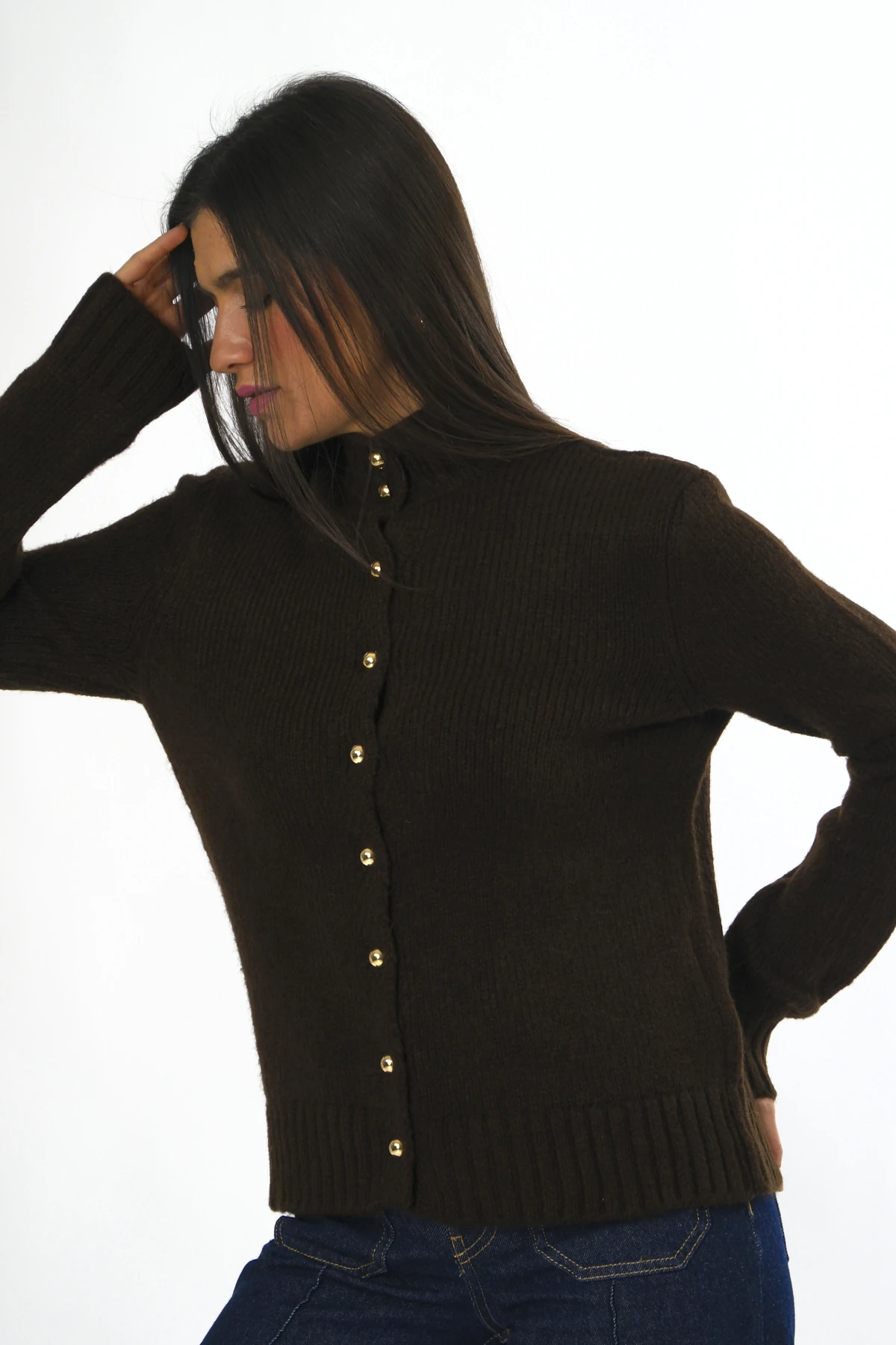 Abbra Kadın Boğazlı Düğmeli Hırka - KAHVE