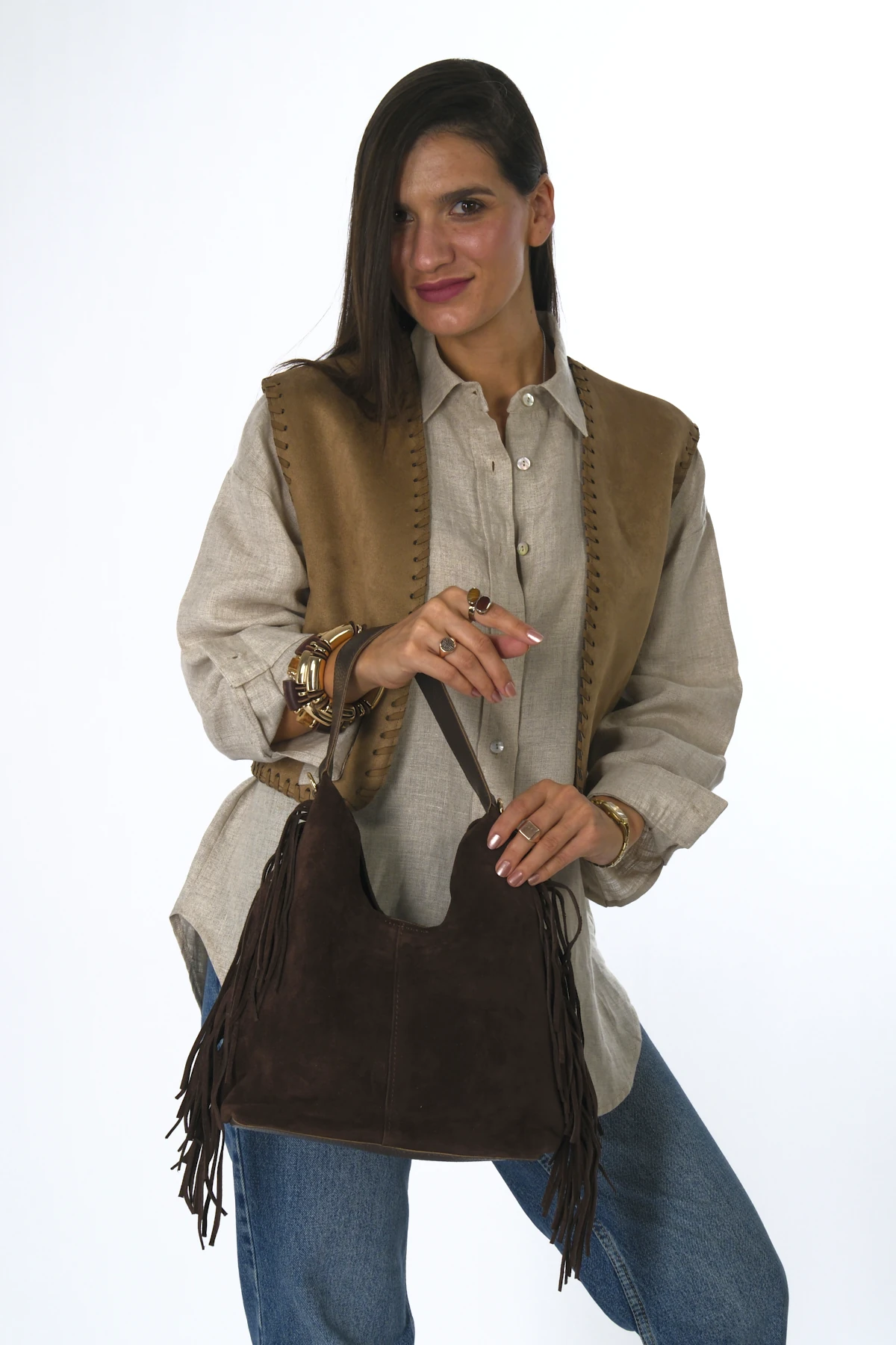 Abbra Kadın Gerçek Süet Deri Yanları Püsküllü Yavrulu Çanta