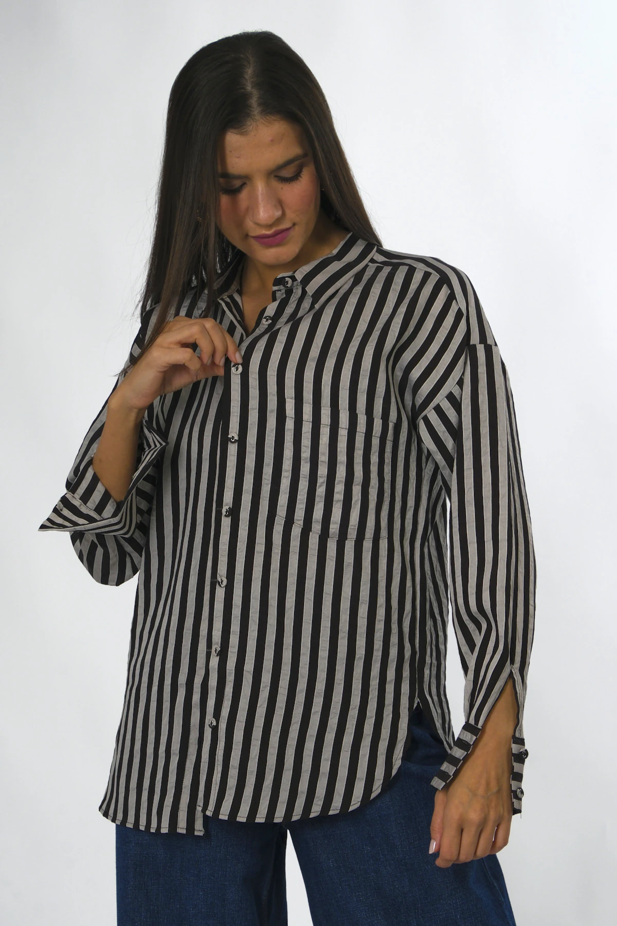 Abbra Kadın Multi Çizgili Cepli Gömlek