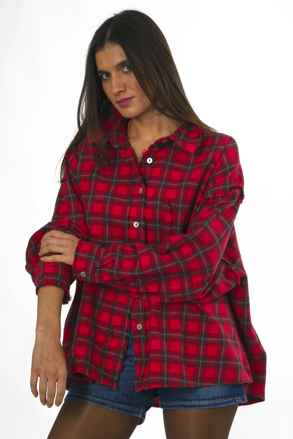 Abbra Kadın %100 Pamuk Lazer Kesim Ekoseli Gömlek - KIRMIZI
