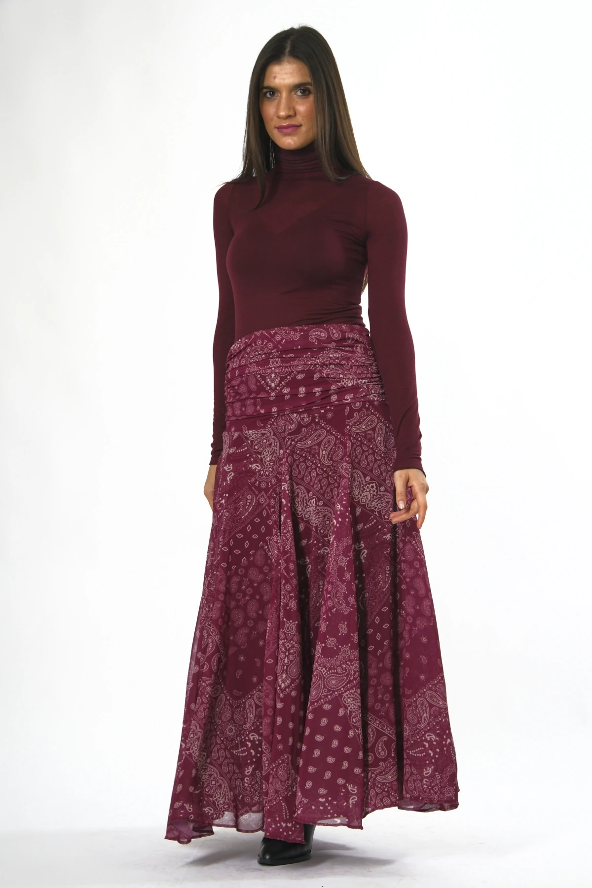 Abbra Kadın Bel Detaylı Şal Desen Astarlı Şifon Etek